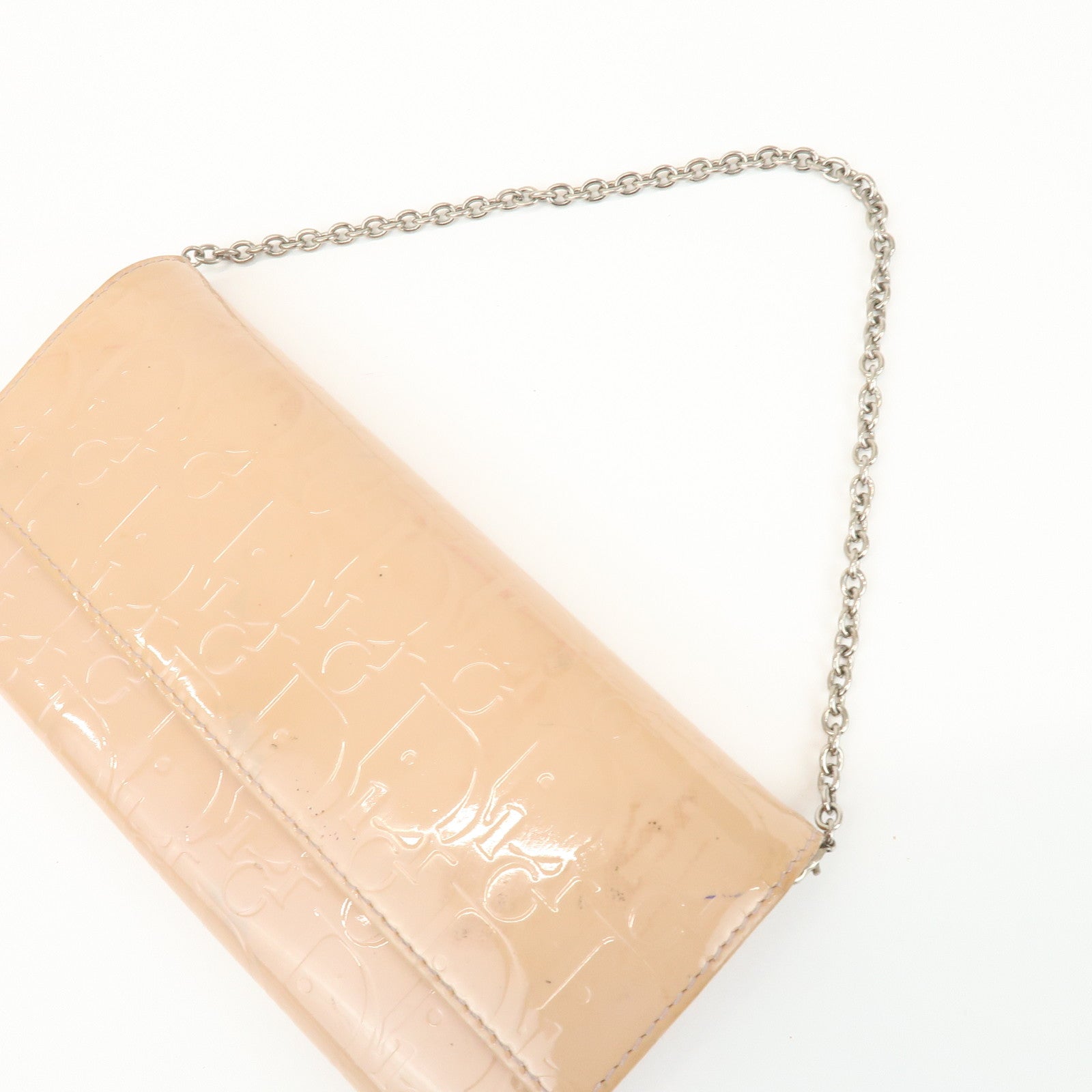 Christian Dior Patent Leather Chain Wallet Long Wallet WOC Beige