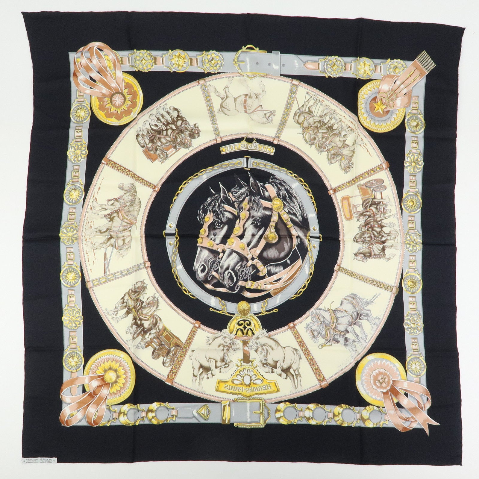 HERMES Carre 90 Silk 100% Scarf CHEVAUX DE TRAIT Black Gold Beige