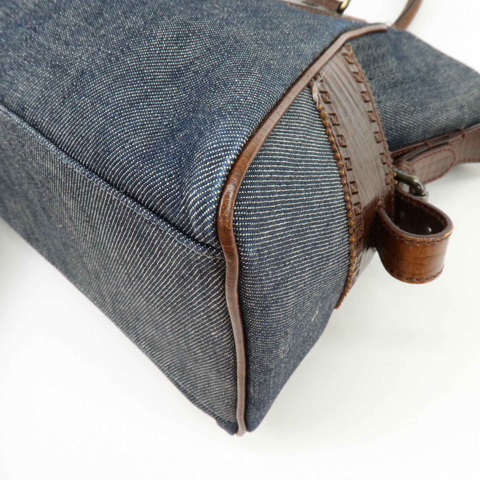 FENDI Etnico Zucca Denim Leather Shoulder Bag Blue Brown 8BN157