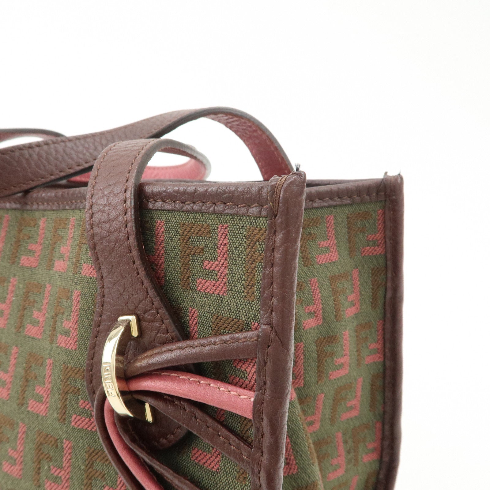 FENDI Zucchino Leather Canvas Hand Bag Khaki Bordeaux
