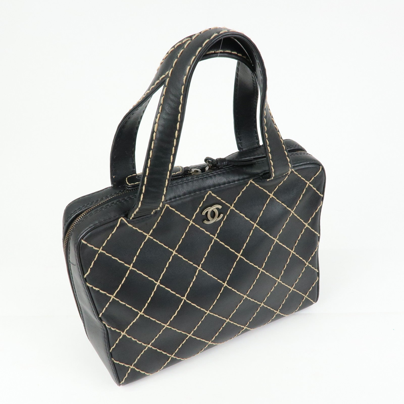 CHANEL Wild Stitch COCO Mark Leather Hand Bag Tote Bag Black A14693