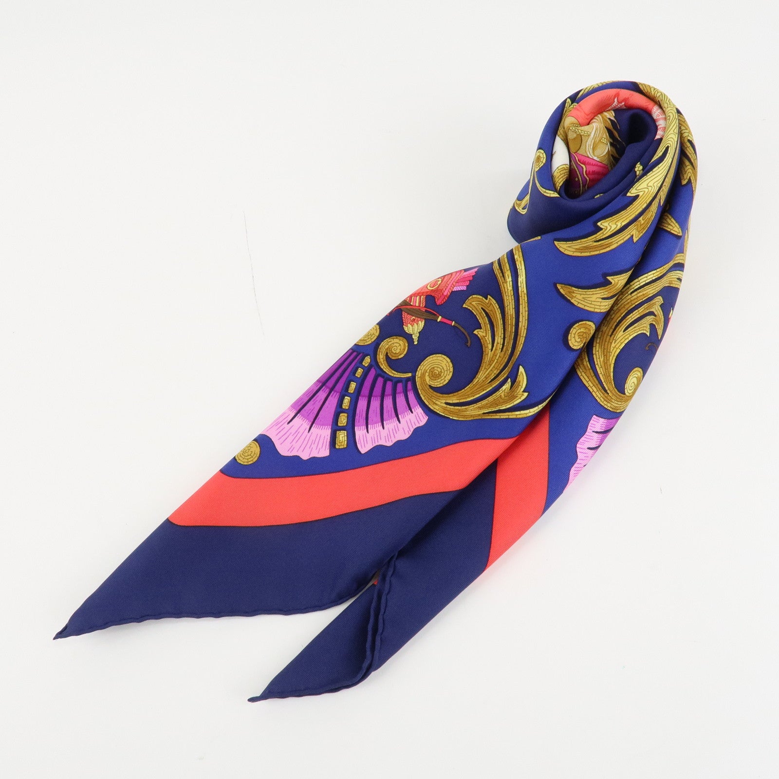 HERMES Carre 90 Silk 100% Scarf Cheval Turc Blue Gold Navy Used