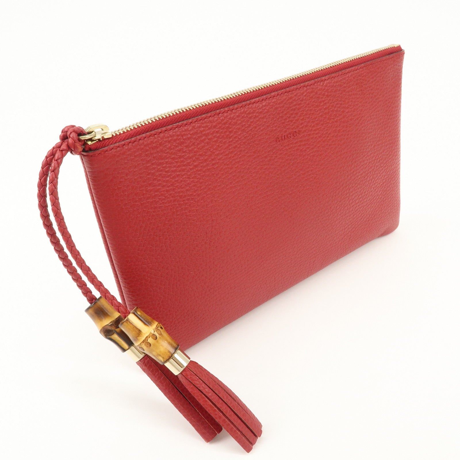 GUCCI Bamboo Leather Clutch Bag Pouch Red 449652