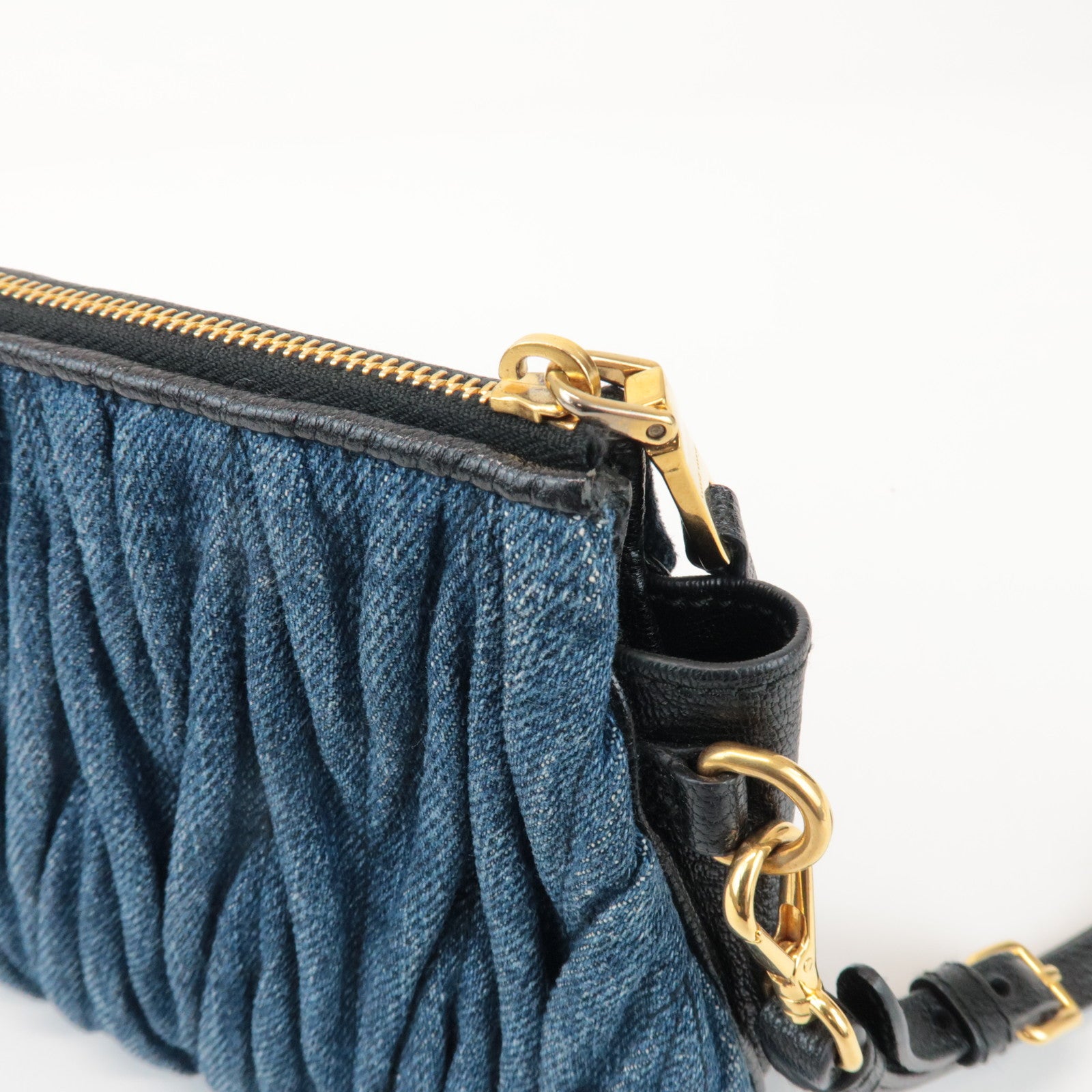 MIU MIU Matelasse Denim Leather Clutch Bag Wrist Bag Blue 5NE001