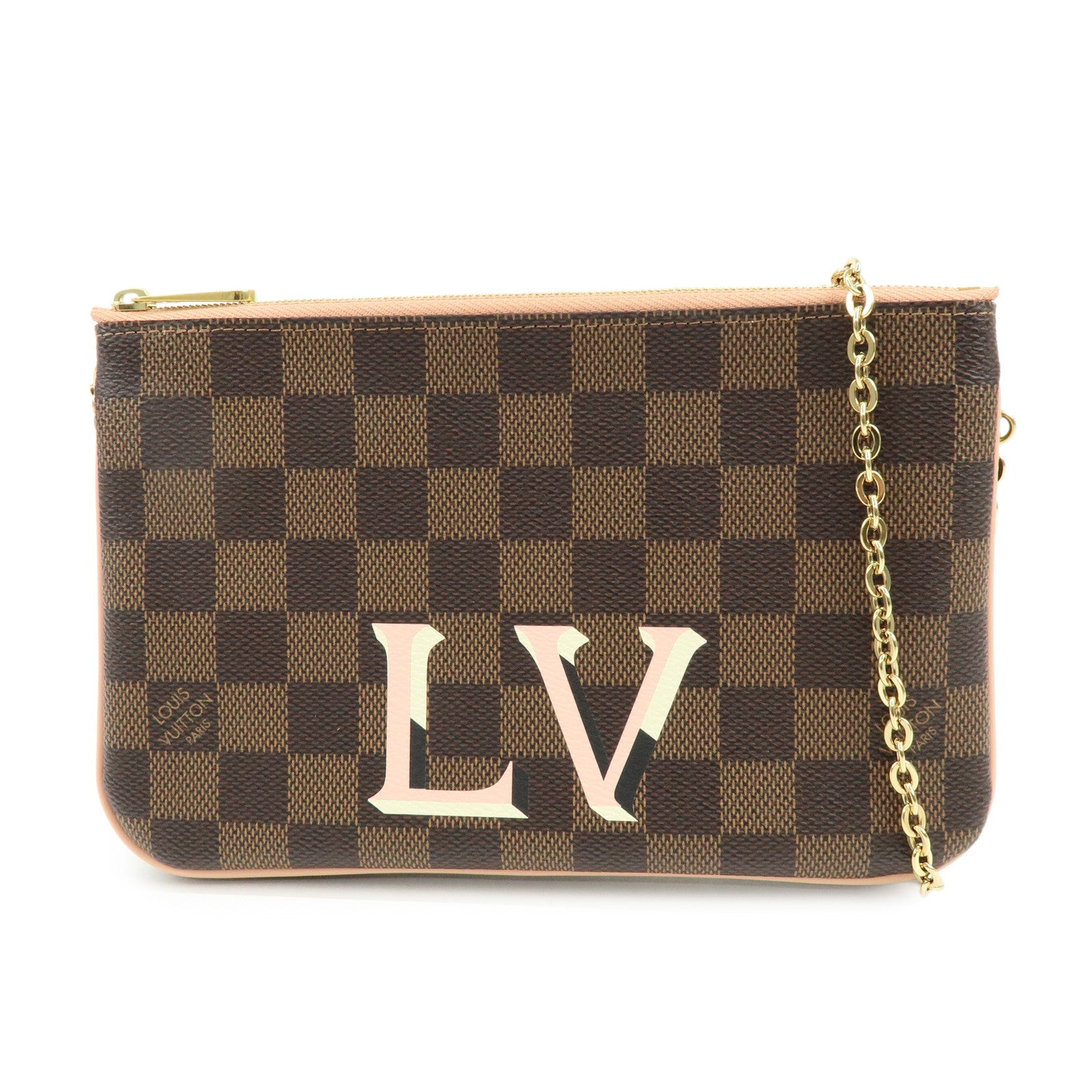 Louis Vuitton Damier Ebene Pochette Double Zip Rose BallerineN60254
