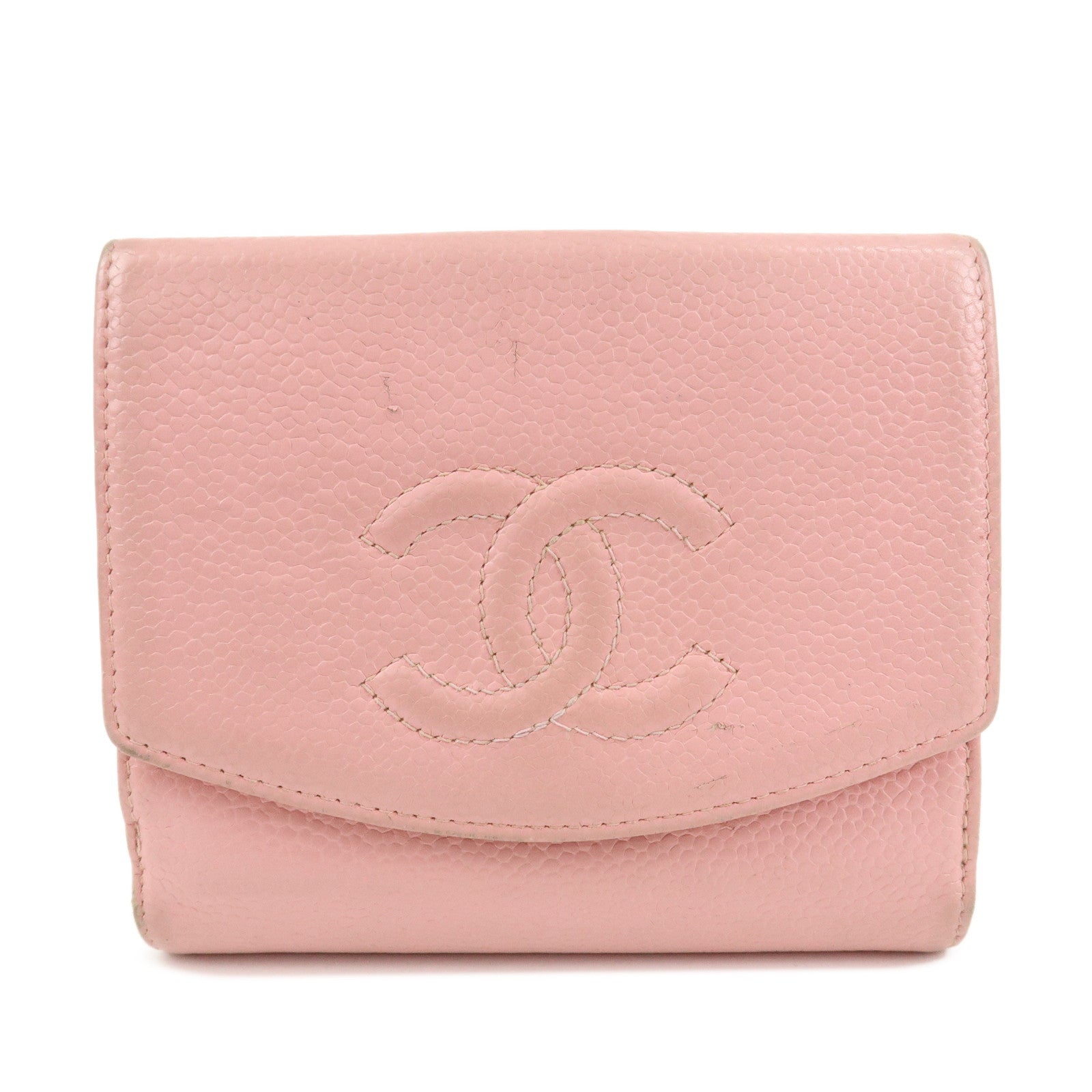 CHANEL COCO Mark Caviarskin Double Hook Wallet Pink A13496 Used