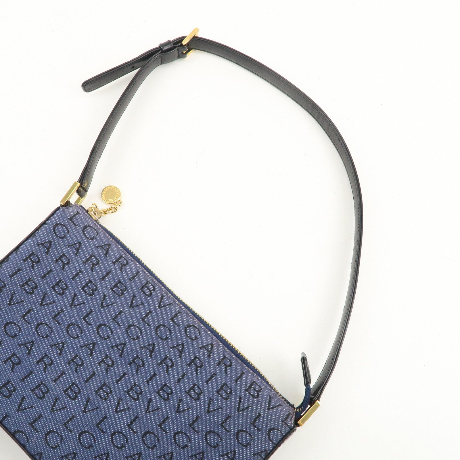 BVLGARI Logo Mania Canvas Leather Shoulder Bag Hand Bag Denim Black