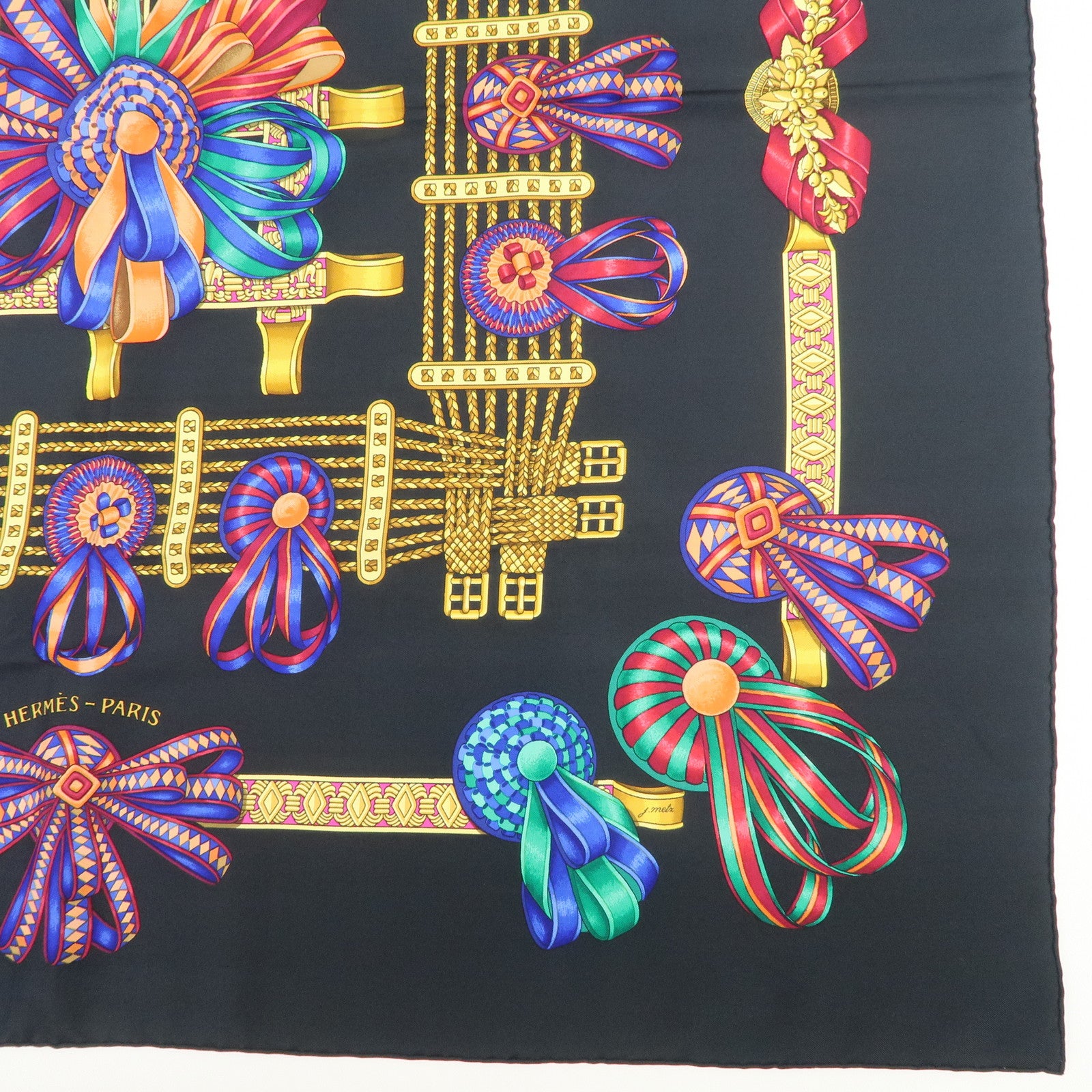 HERMES Carre 90 Silk 100% LES RUBANS DU CHEVAL Scarf Black