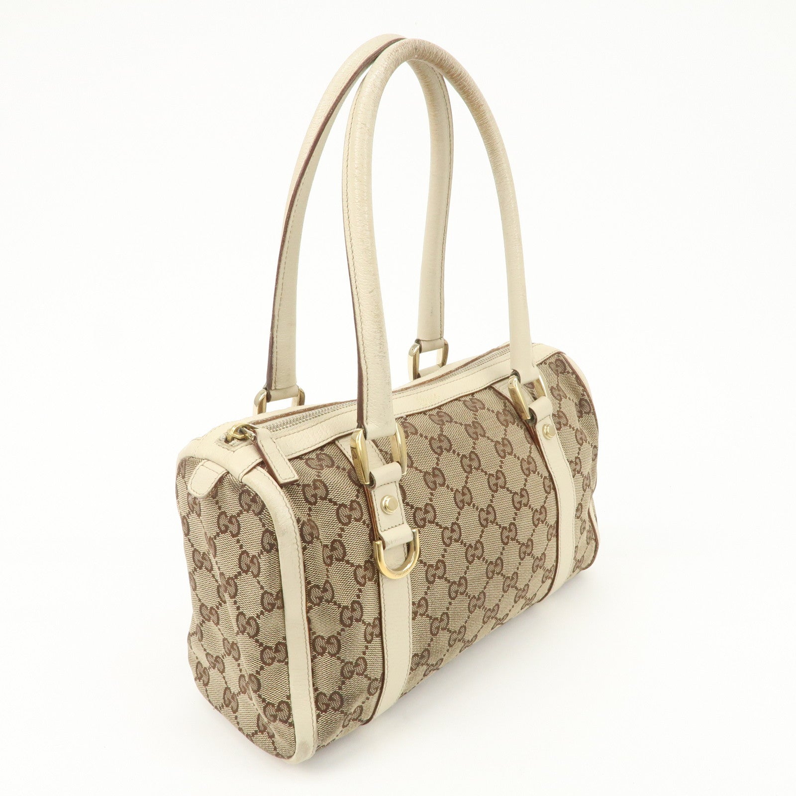 GUCCI Abbey GG Canvas Leather Boston Bag Beige Brown 130942