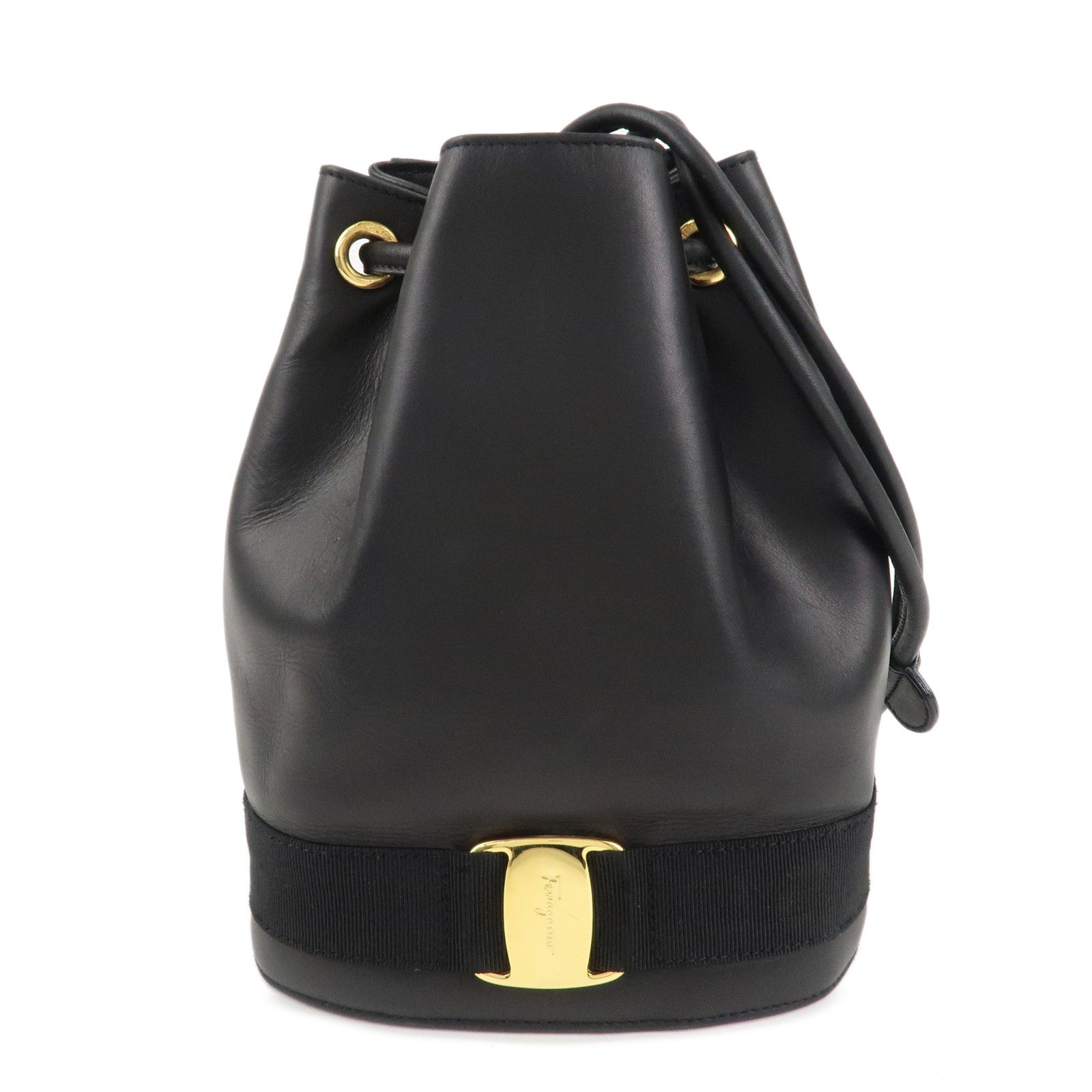 Ferragamo Vara Ribbon Leather Backpack Shoulder Bag Black AQ215676 Used