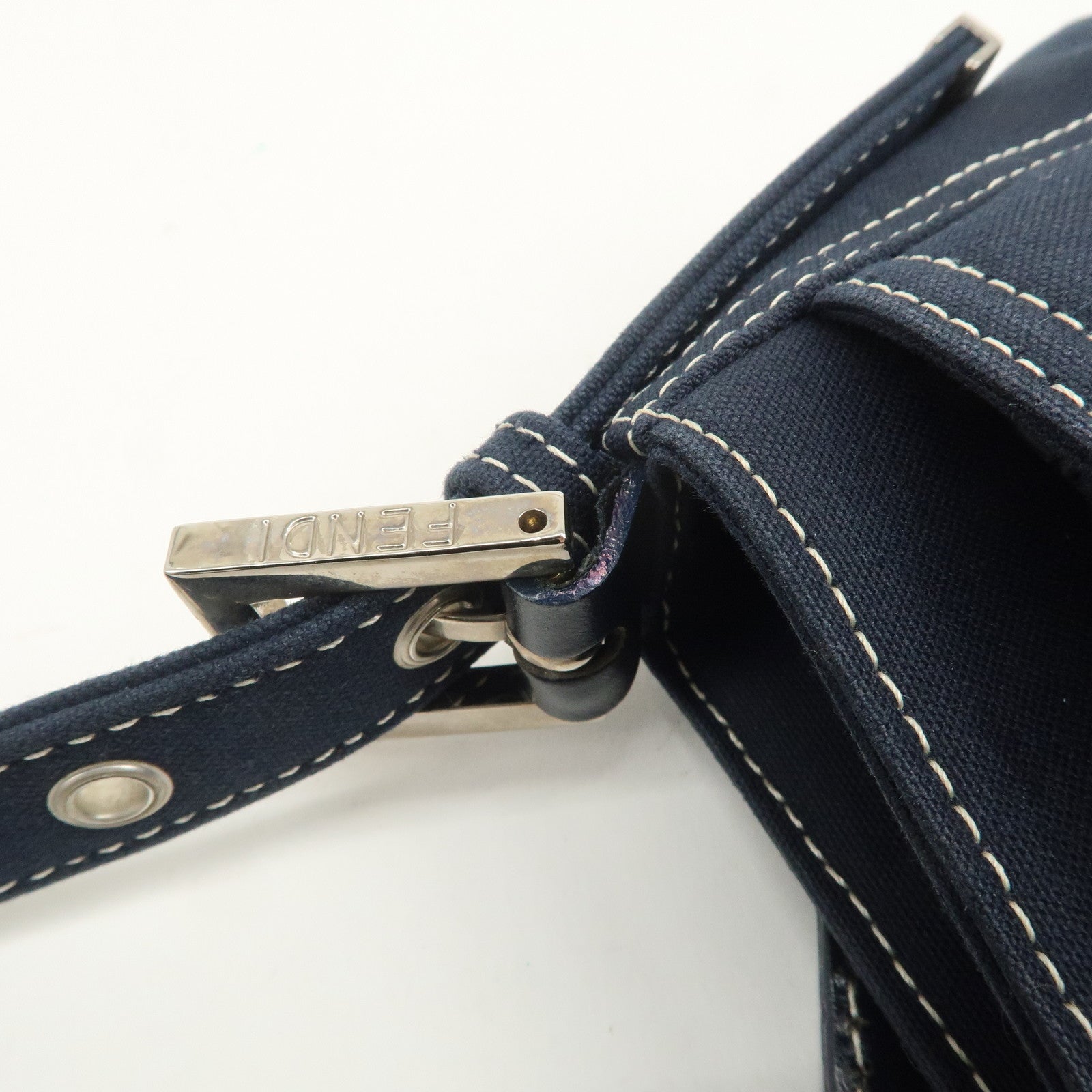 FENDI Logo Canvas Shoulder Bag Hand Bag Dark Navy