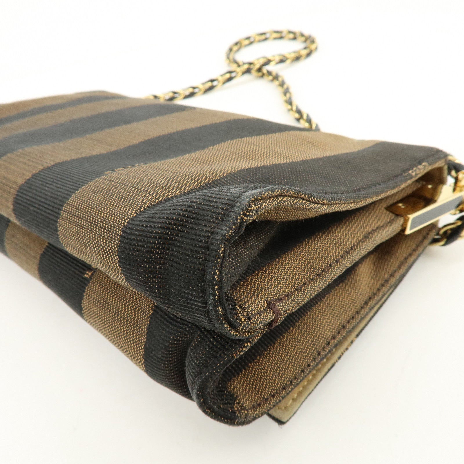 FENDI Pequin Canvas Leather Shoulder Bag Brown Black 8BT204