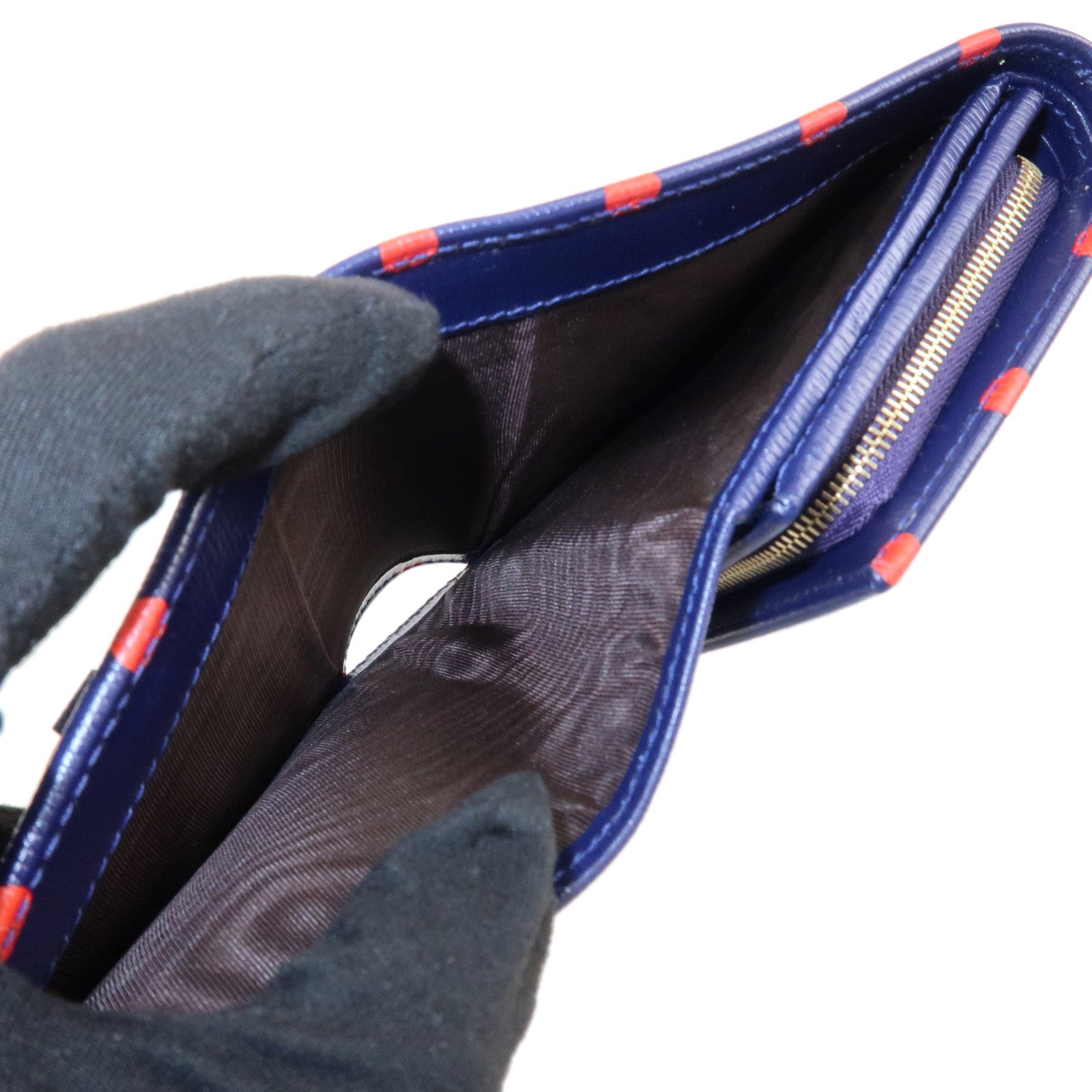 GUCCI Horsebit Dot Pattern Leather Bifold Wallet Navy Red 621891 Used