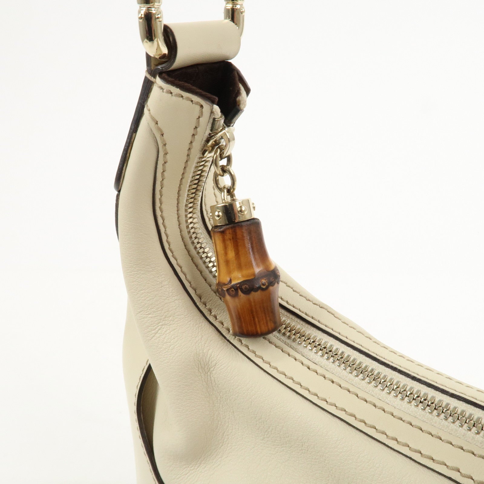 GUCCI Horsebit Bamboo Leather Shoulder Bag Ivory 154378