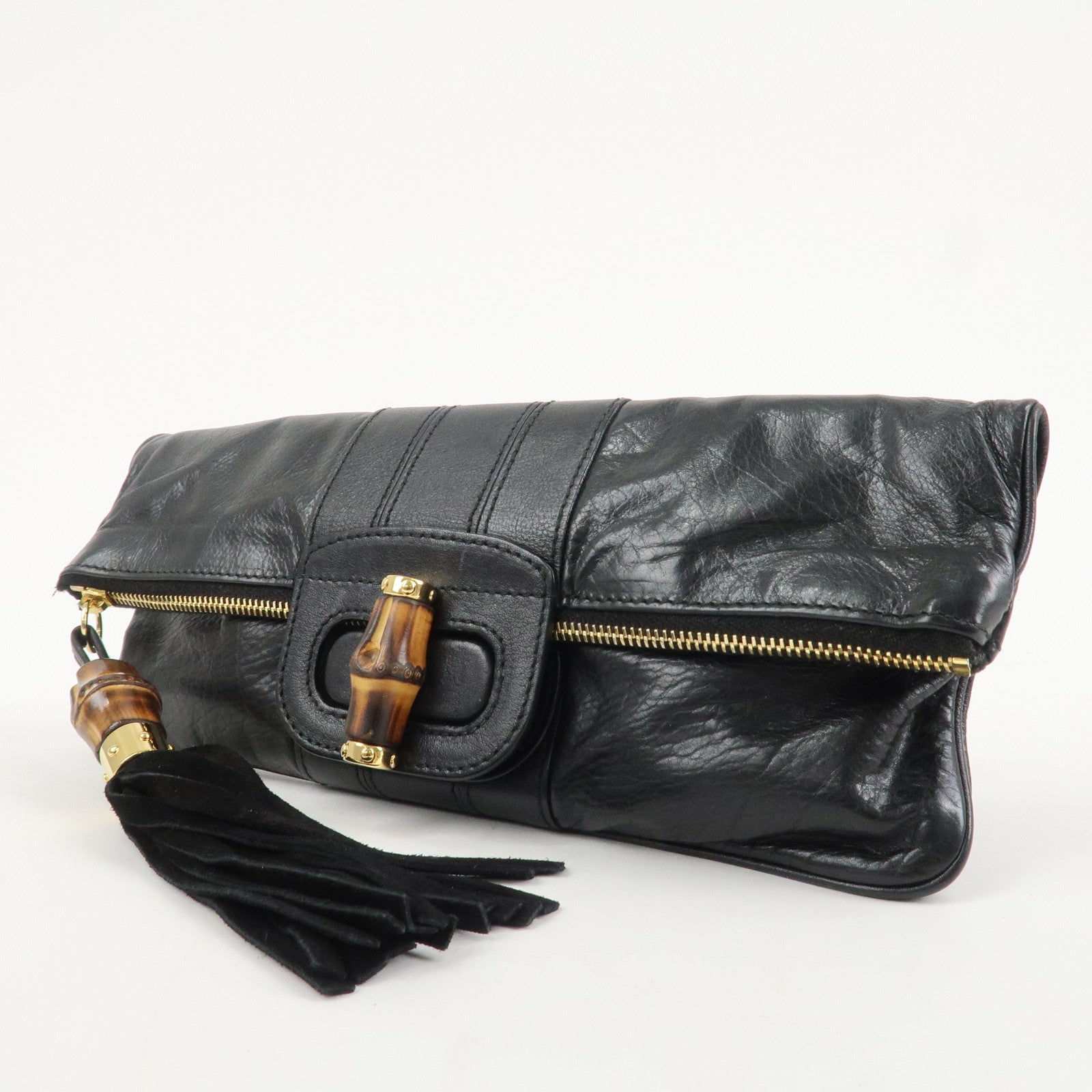 GUCCI Bamboo Leather Clutch Bag Black Gold Hardware 218496 Used