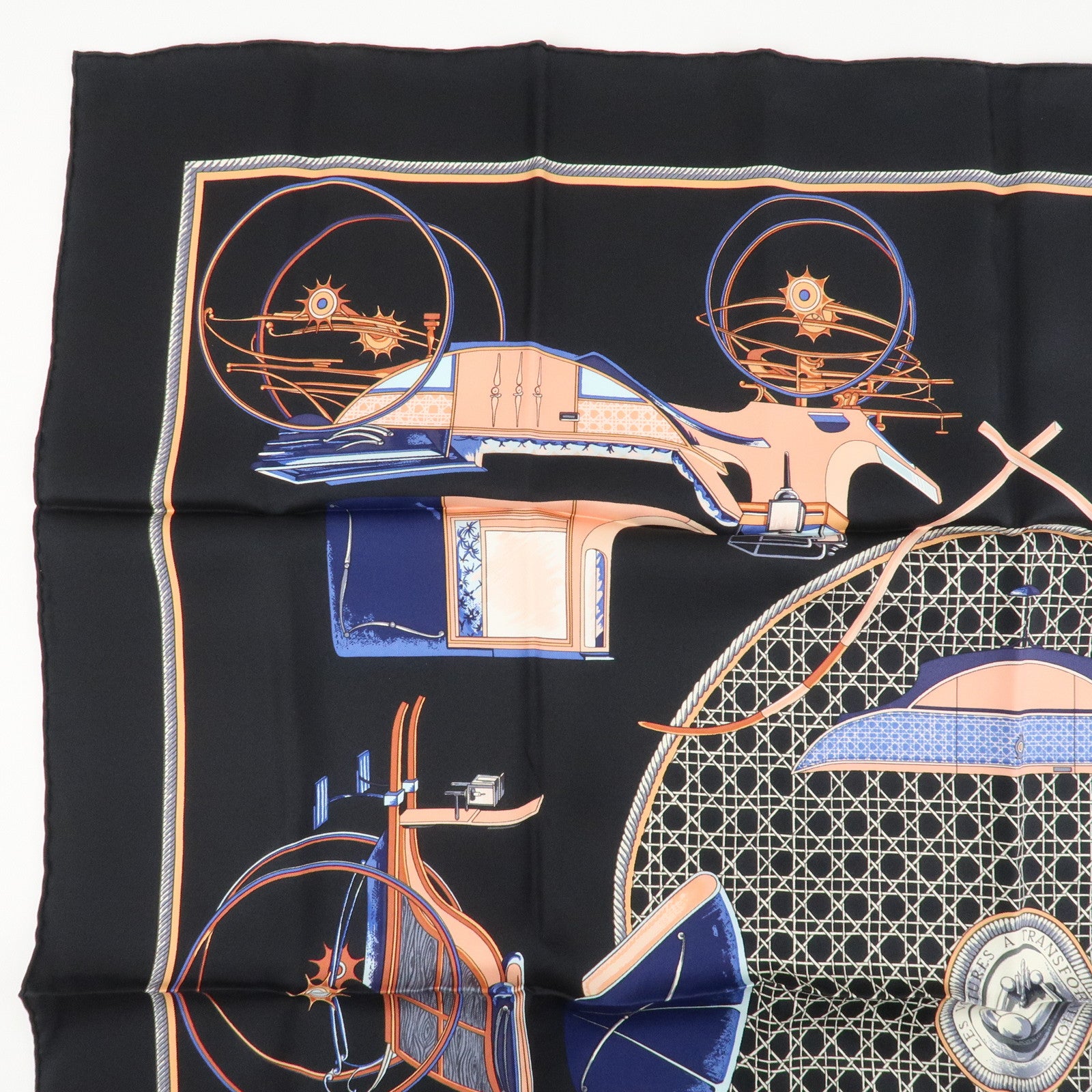 HERMES Carre 90 Silk 100% Scarf CAVALIERS FEULS Knight Print Navy Used