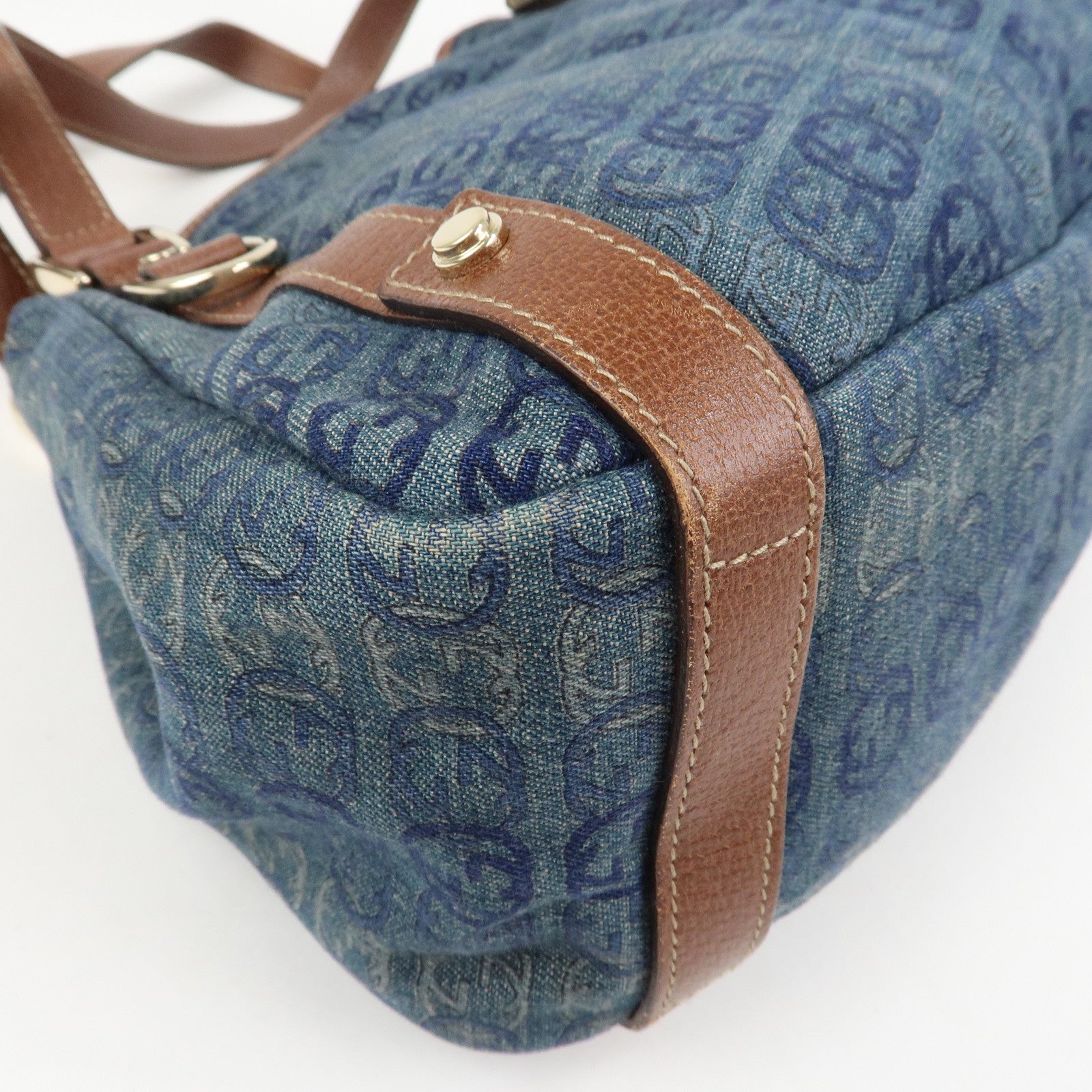 GUCCI Abbey Logo GG Denim Leather Tote Hand Bag Blue Brown 130736