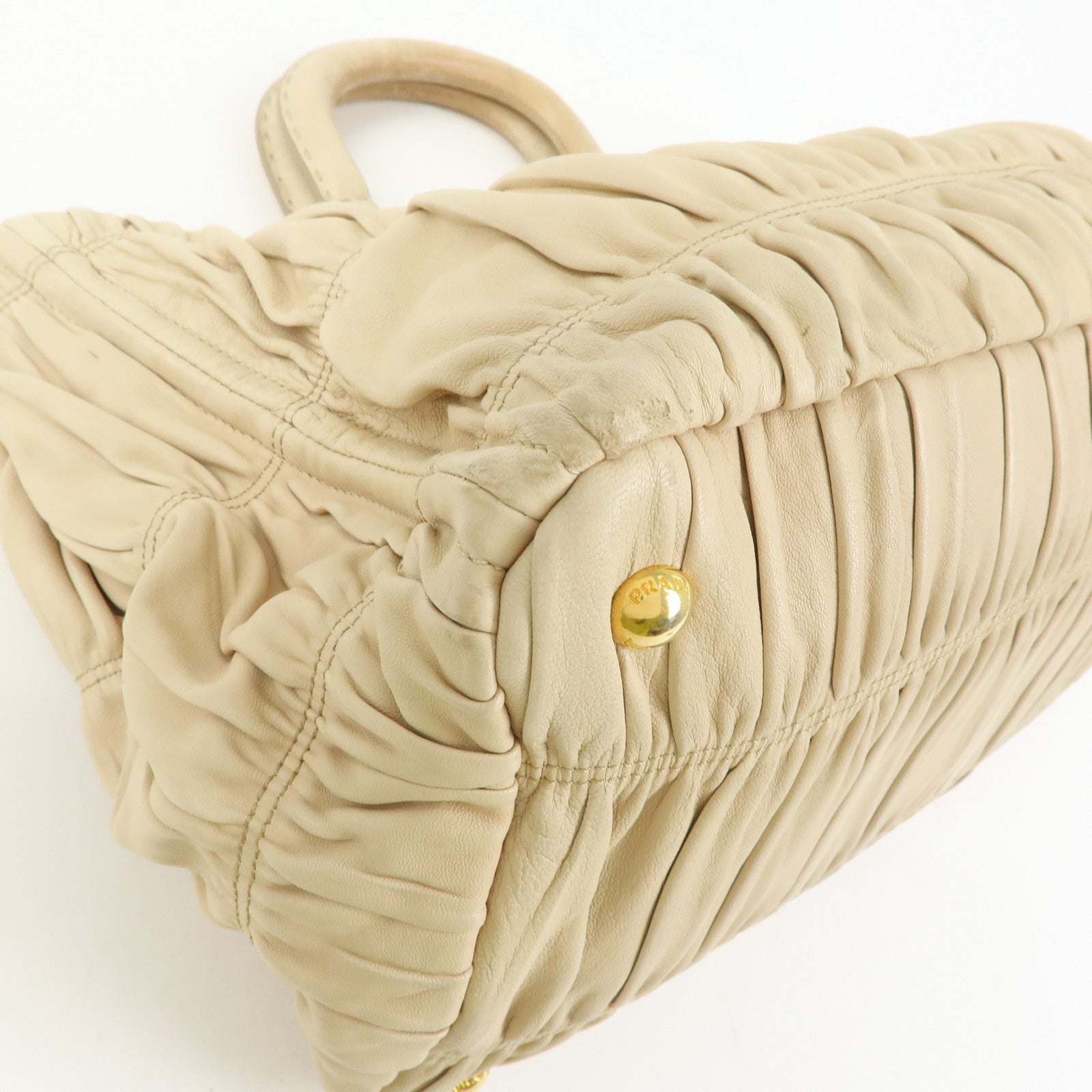 PRADA Logo Gathered Leather 2Way Hand Bag Shoulder Bag Beige BN1924