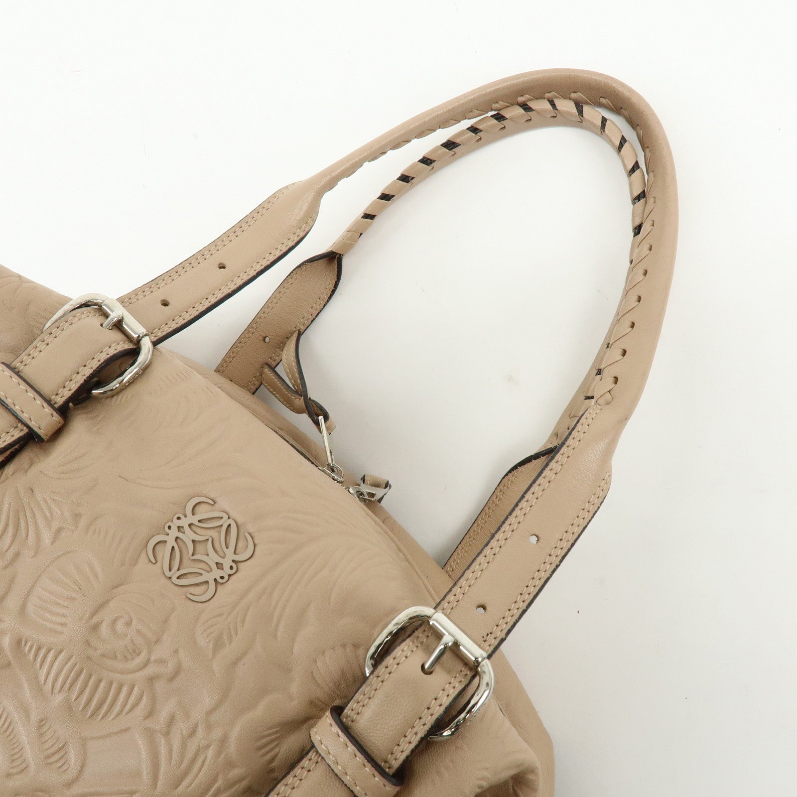 LOEWE Anagram Leather Mini Boston Bag Tote Hand Shoulder Bag Beige