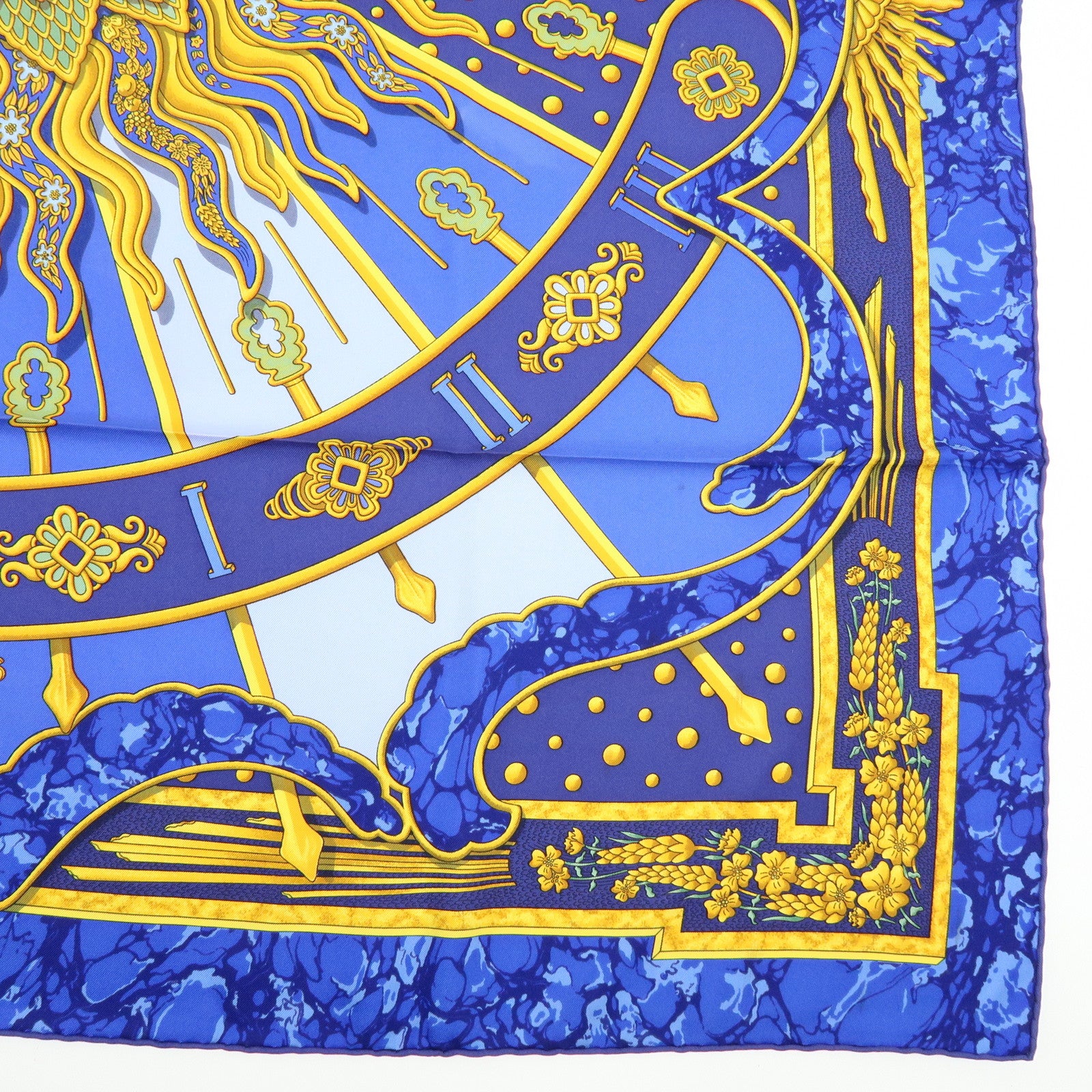 HERMES Carre 90 Silk 100% Scarf CARPE DIEM Blue Gold