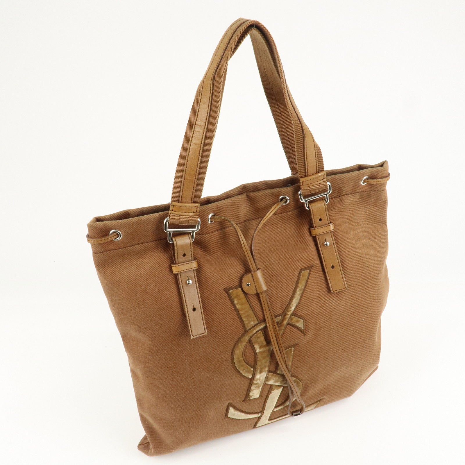 Saint Laurent Velour Canvas Leather Kahara Tote bag Shoulder Bag Brown Used