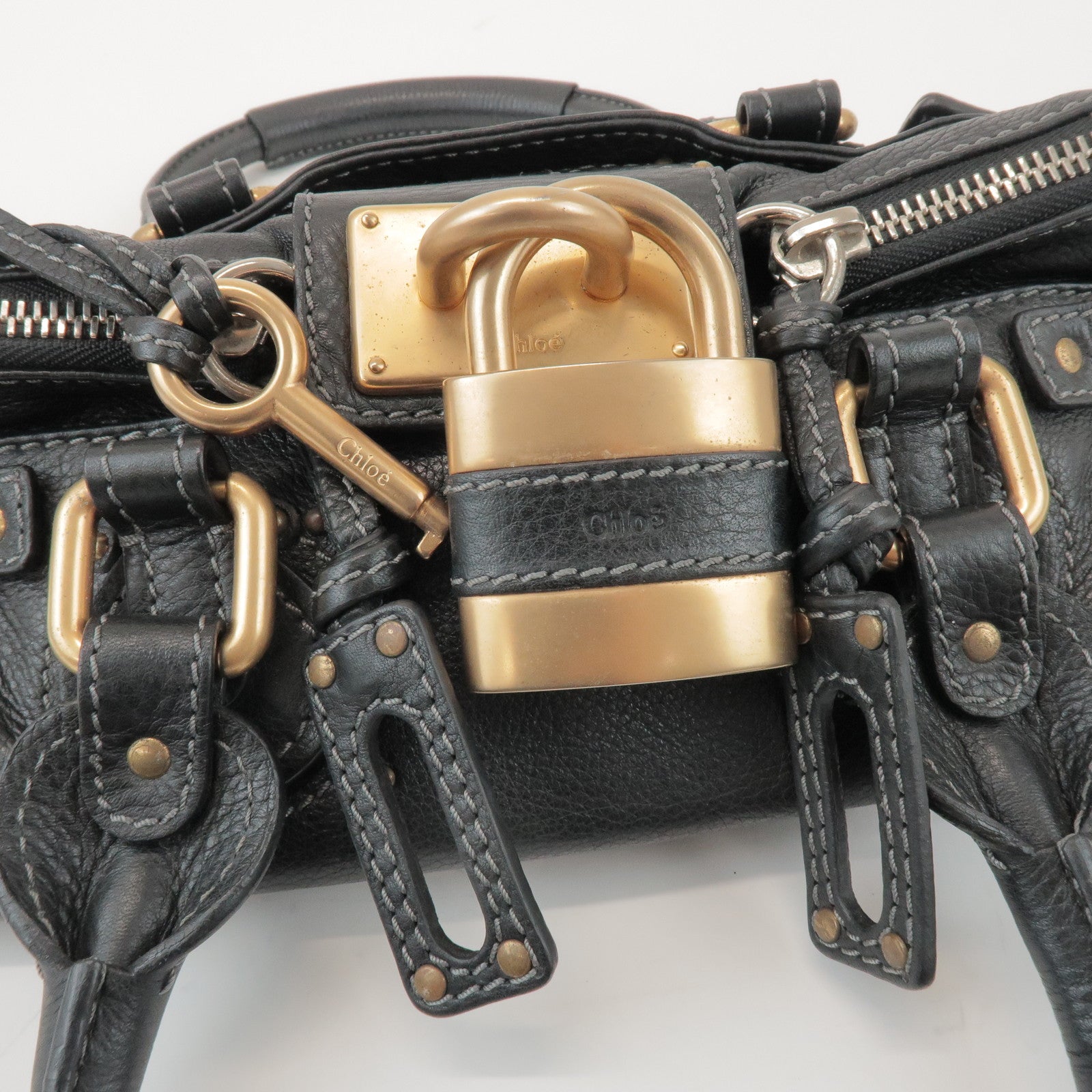 Chloe Logo Paddington Mini Leather Hand Bag Cadena Black