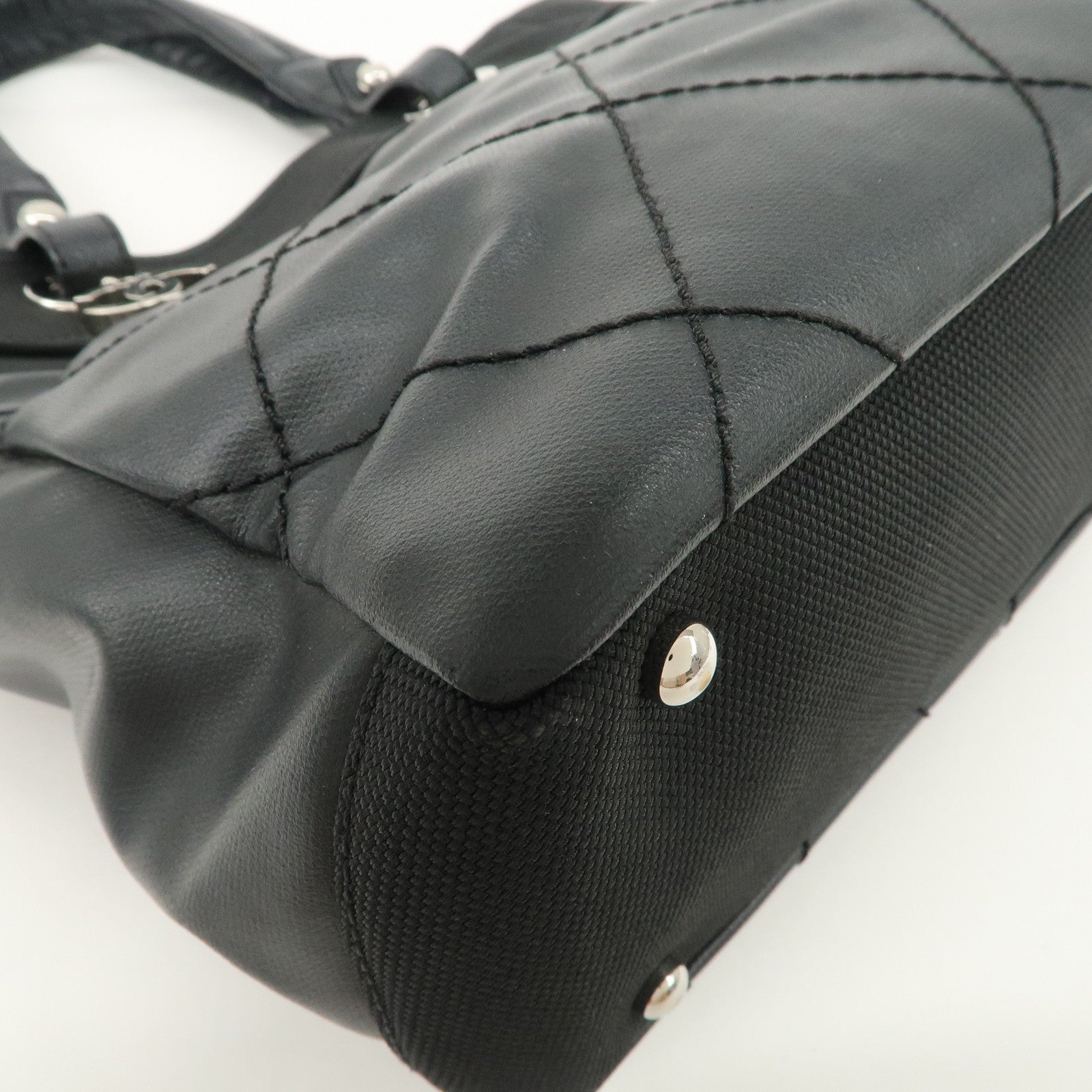 CHANEL Paris Biarritz PM Coated Canvas Leather Tote Bag Black A34208 Used