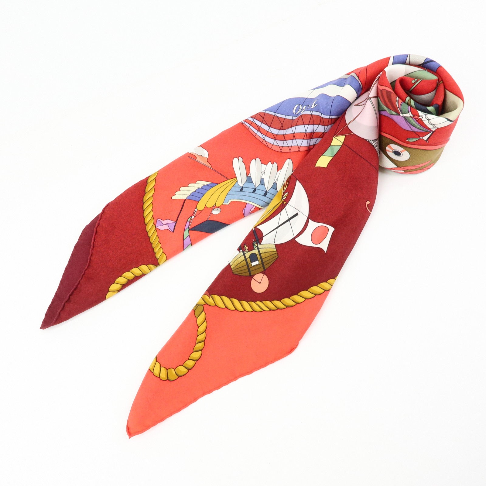 HERMES Carre 90 Silk 100% LES FOLIES DU CIEL Scarf Red Wine Red