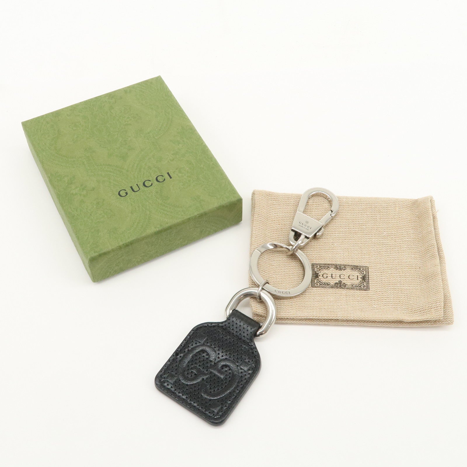 GUCCI GG Embossed Leather Metal Bag Charm Key Chain Black 625607
