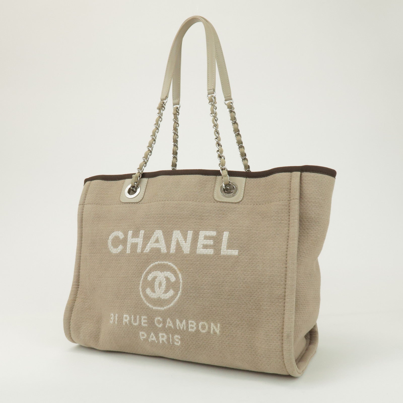 CHANEL Deauville GM Canvas Leather 2Way Tote Bag Beige A66941