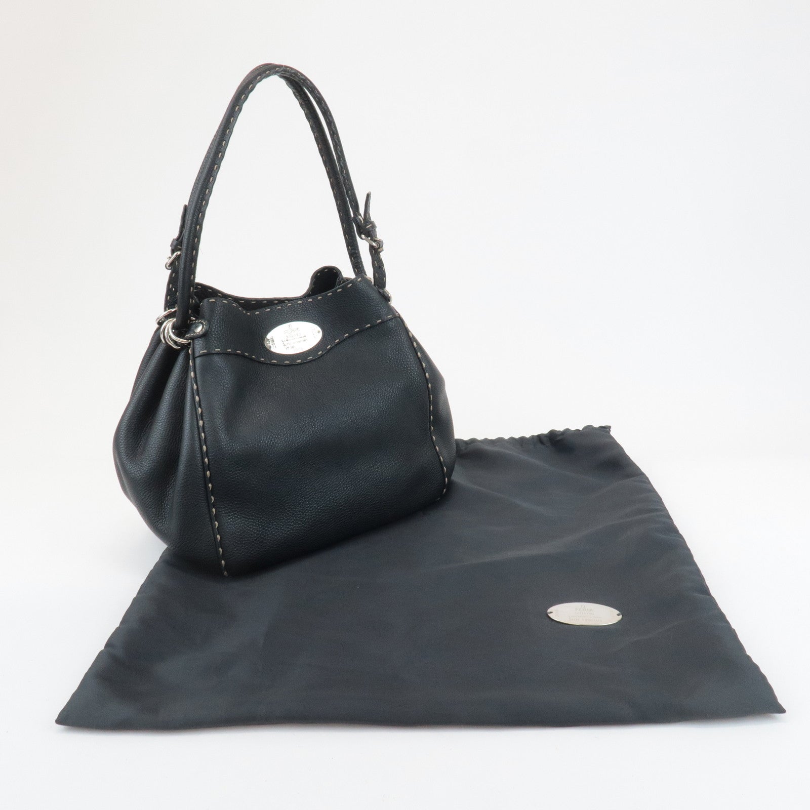 FENDI Selleria Leather Tote Bag Shoulder Bag Black 8BR489 Used