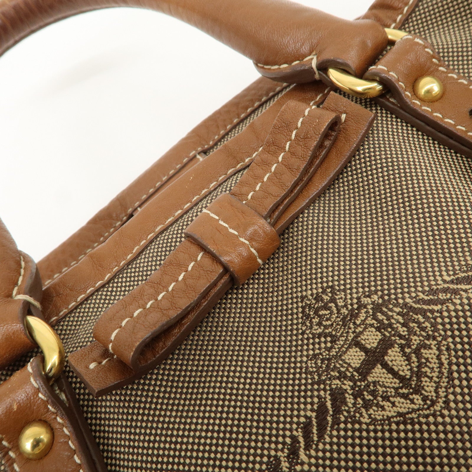 PRADA Leather Logo Jacquard Tote Bag Ribbon Beige Brown BN1841 Used