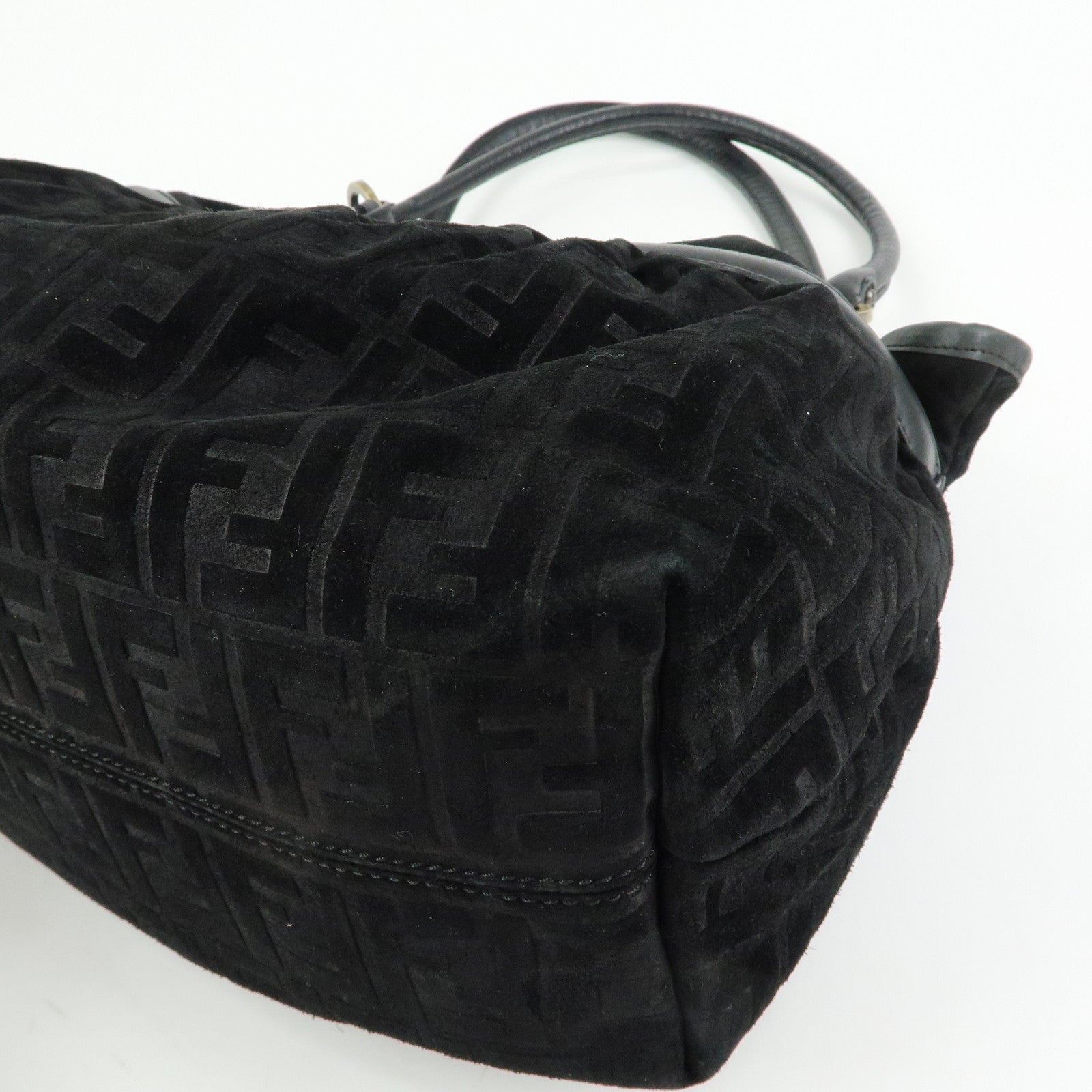 FENDI Zucca Suede Leather Gathered Shoulder Bag Black 8BH186