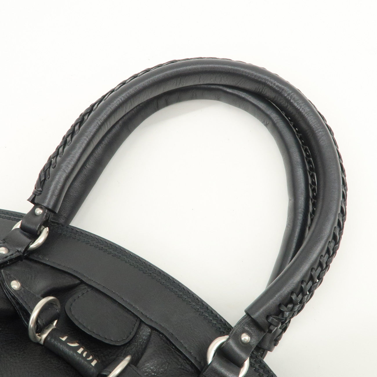 Christian Dior Logo Leather Hand Bag Shoulder Bag Black Silver