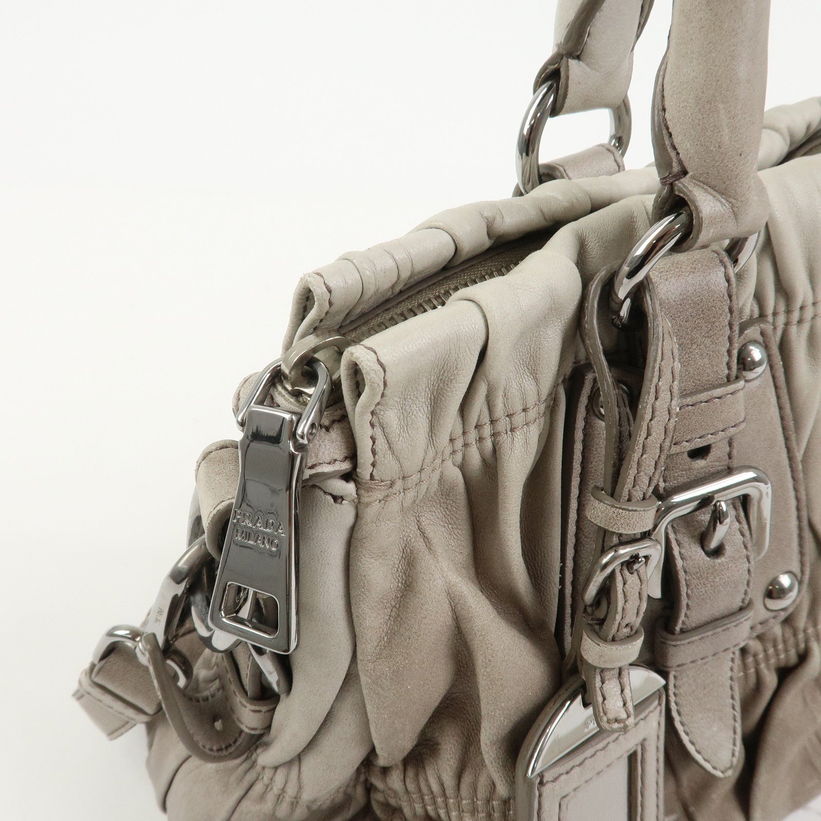 PRADA Leather Gathered 2Way Bag Hand Bag Shoulder Bag Gray BN1407