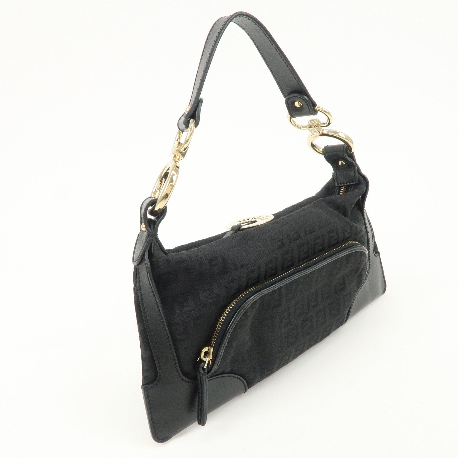 FENDI Zucchino Canvas Leather Logo Charm Shoulder Bag Black 8BR464
