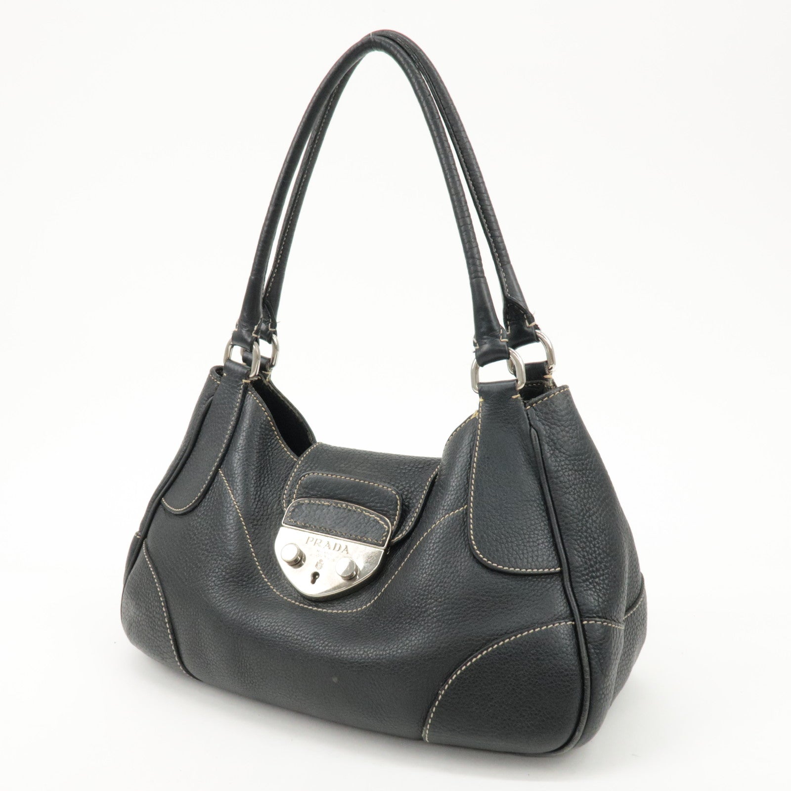 PRADA Logo Leather Shoulder Bag Hand Bag Black BR3593 Used