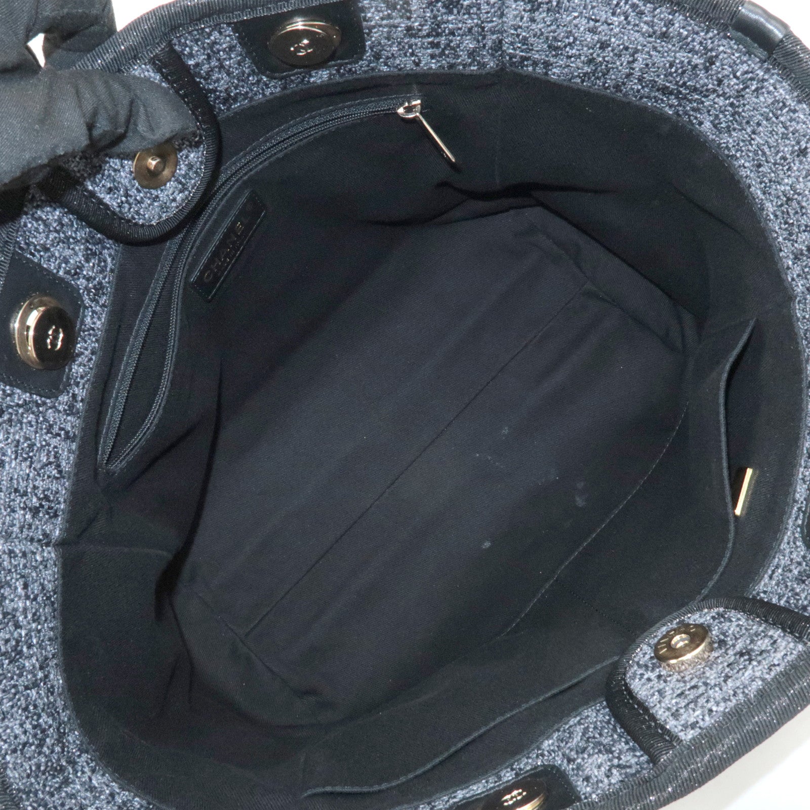 CHANEL Deauville Raffia Leather Chain Tote Bag MM Navy A66941 Used