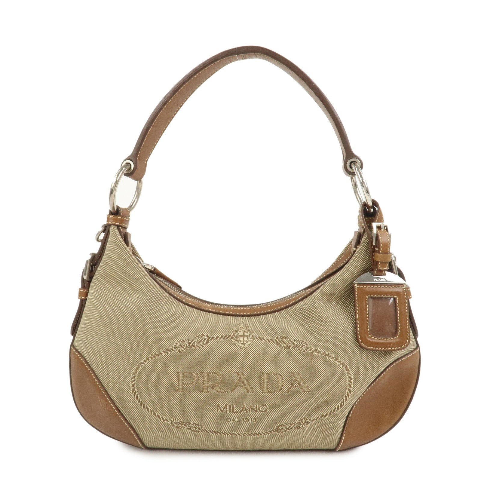 PRADA Logo Jacquard Leather Shoulder Bag Beige Brown BR3429