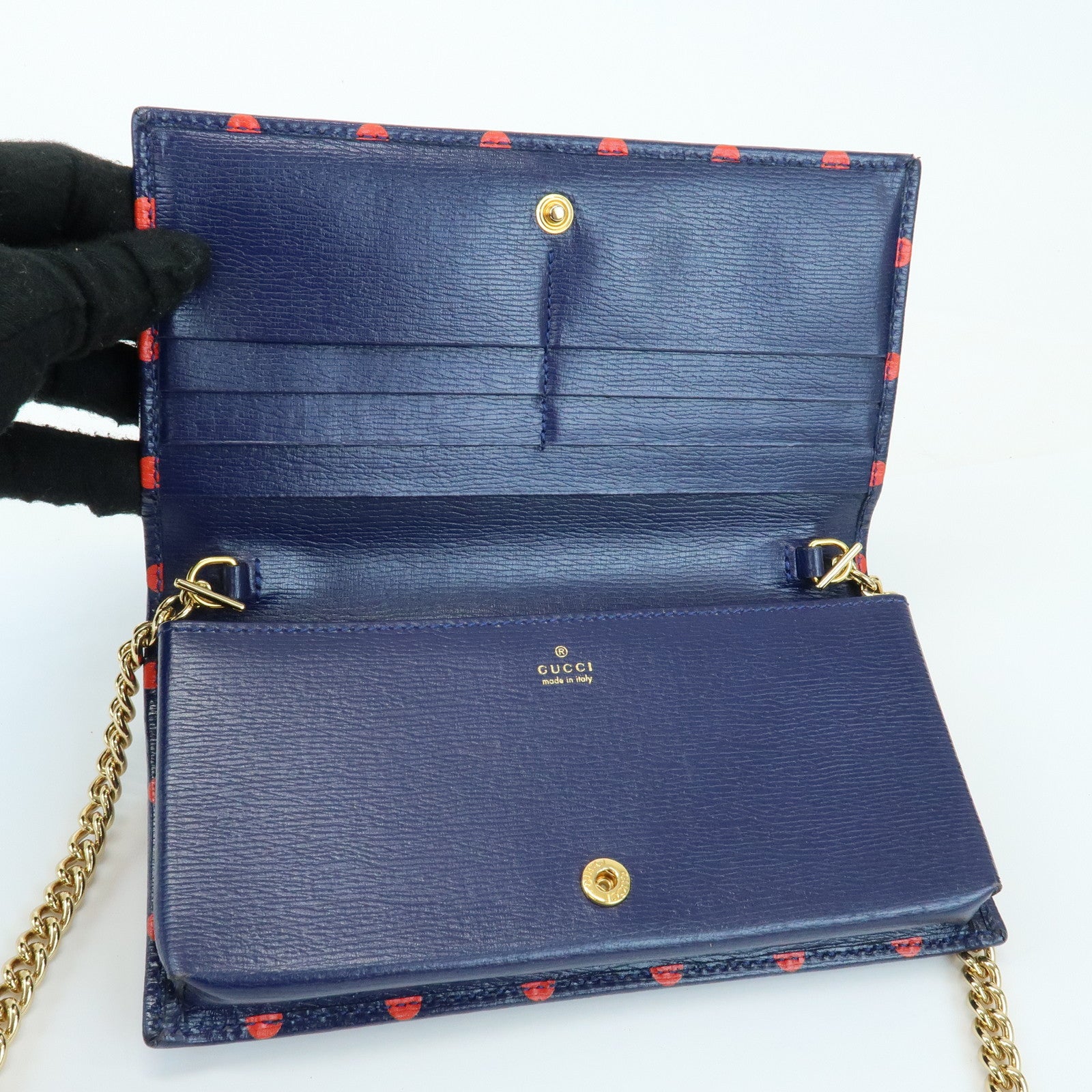 GUCCI Horsebit 1955 Calf Leather Chain Long Wallet Navy Red 621892
