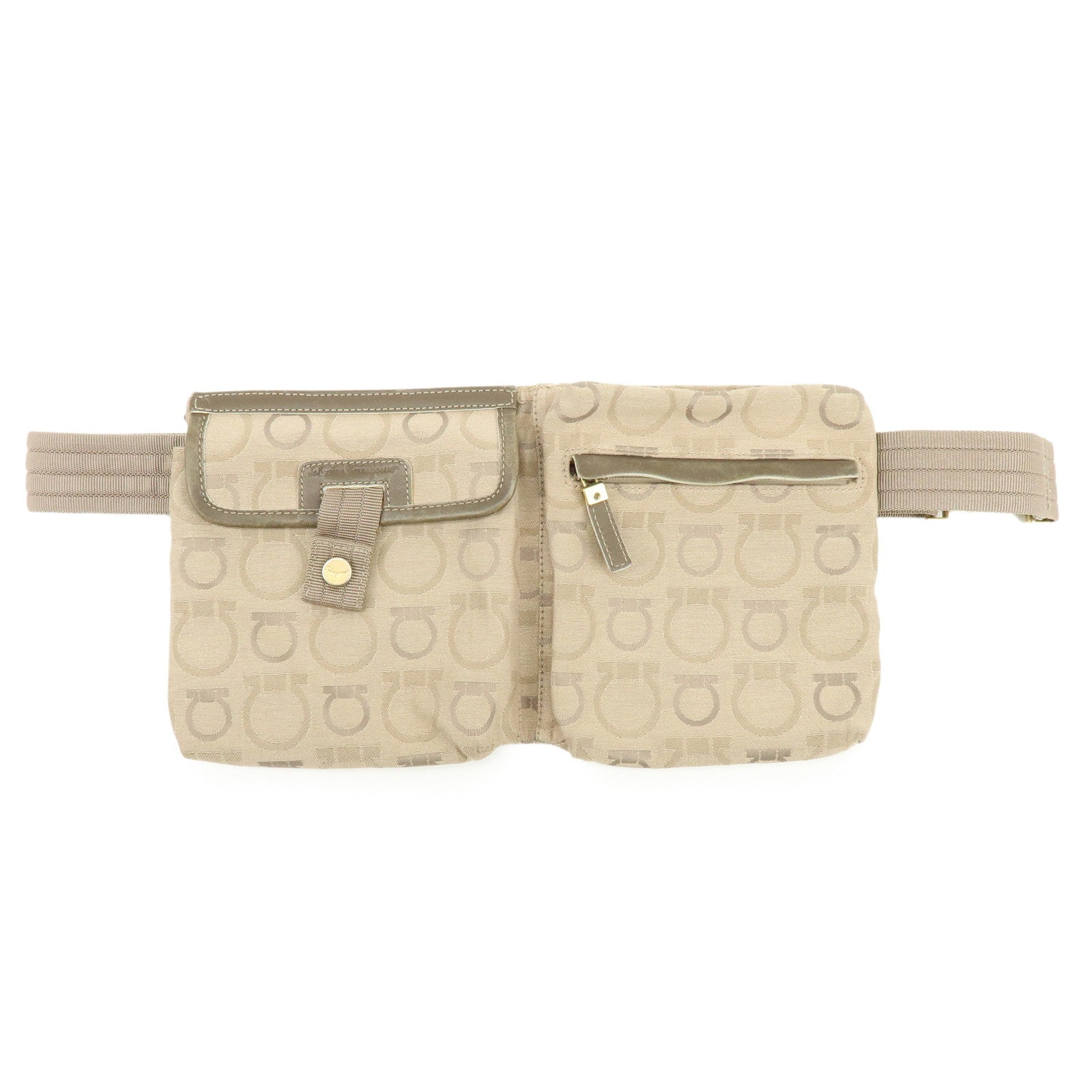 Ferragamo Gancini Canvas Leather Body Bag Waist Bag Beige