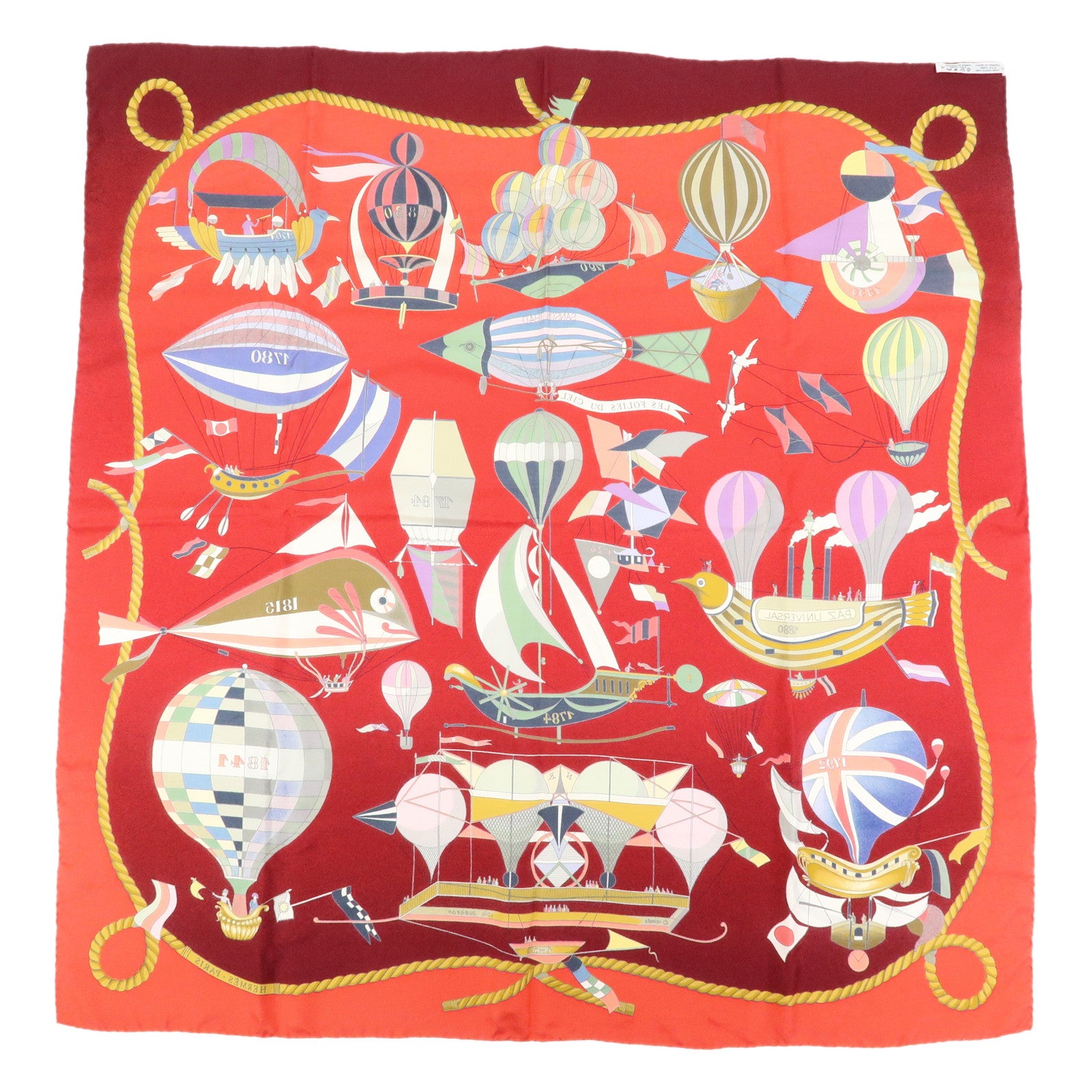 HERMES Carre 90 Silk 100% LES FOLIES DU CIEL Scarf Red Wine Red