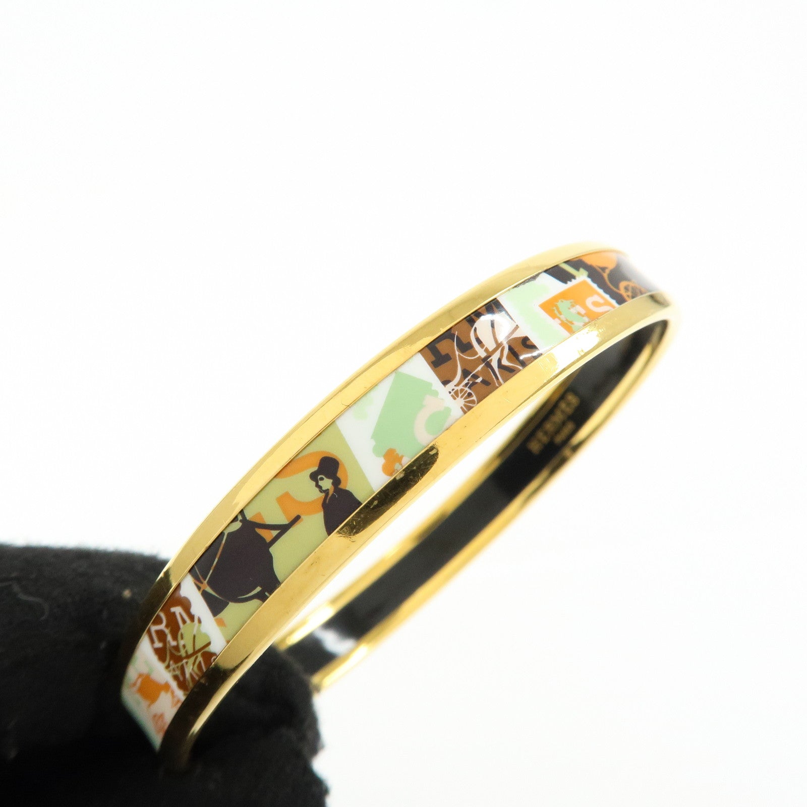 HERMES Email PM Gold Plated Bracelet Bangle Light Green Orange Gold