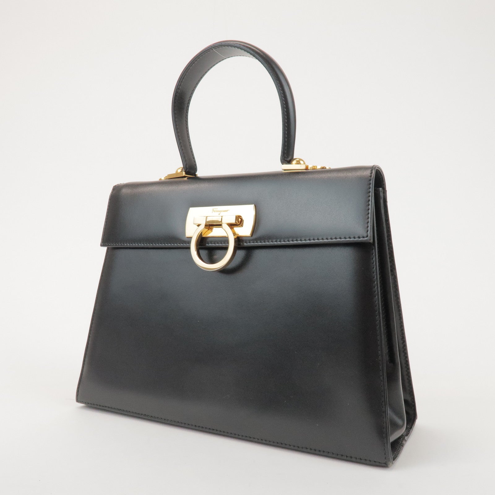 Ferragamo Gancini Calf Leather 2Way Bag Hand Shoulder Bag Black