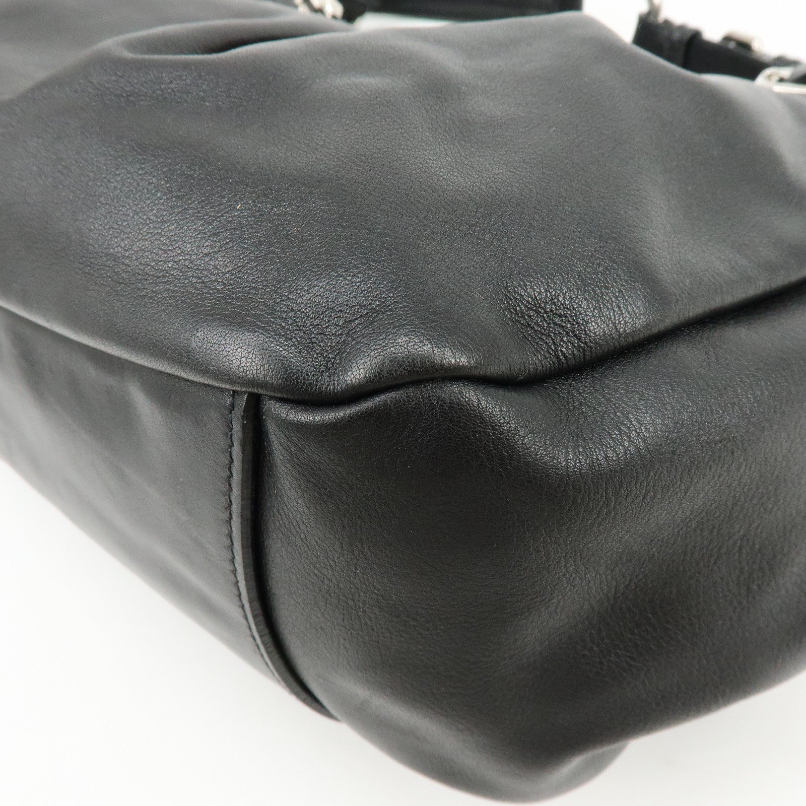 PRADA Logo Soft Calf Leather Side Belted Shoulder Bag Black BR3975