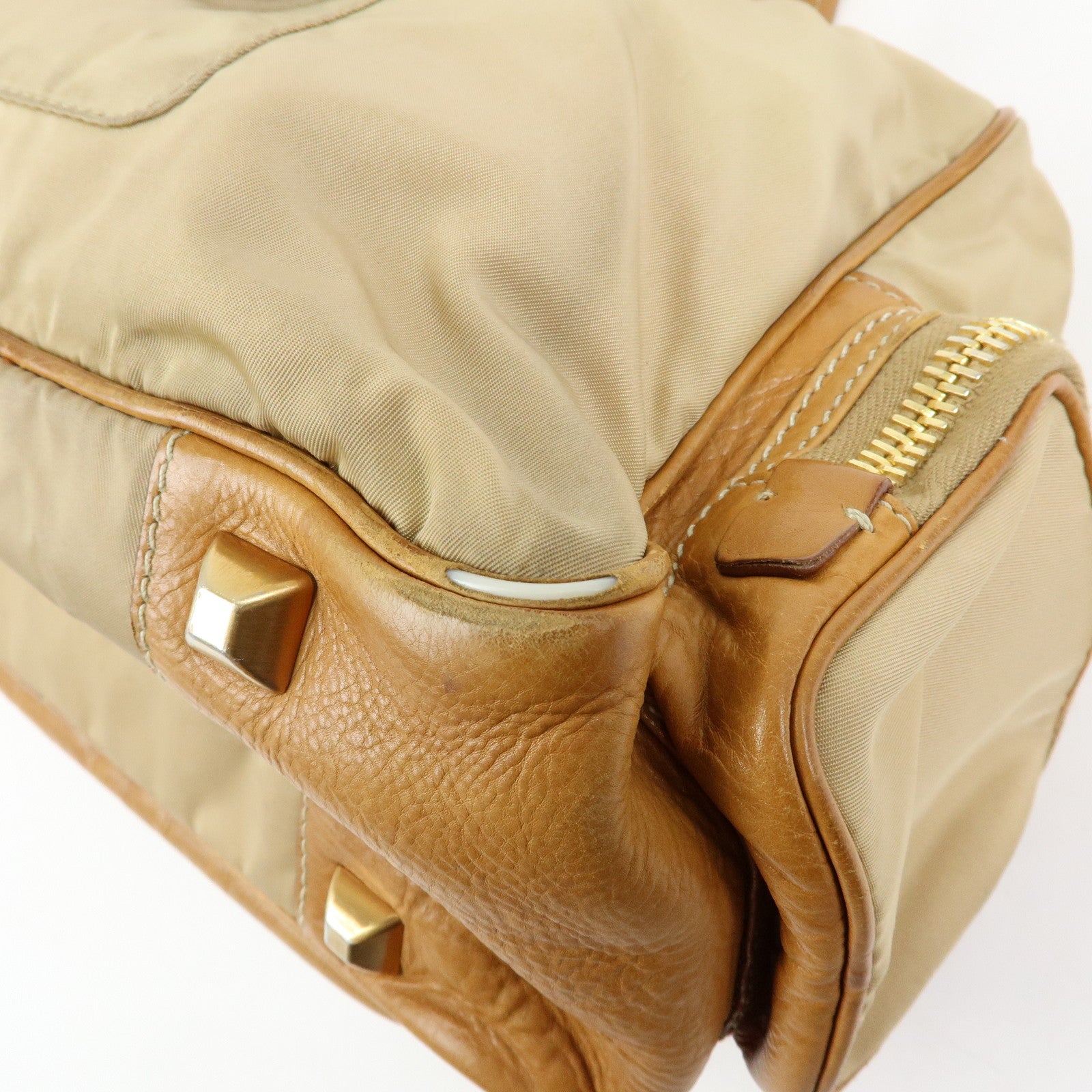 PRADA Triangle Logo Nylon Leather Shoulder Hand Bag Beige Brown