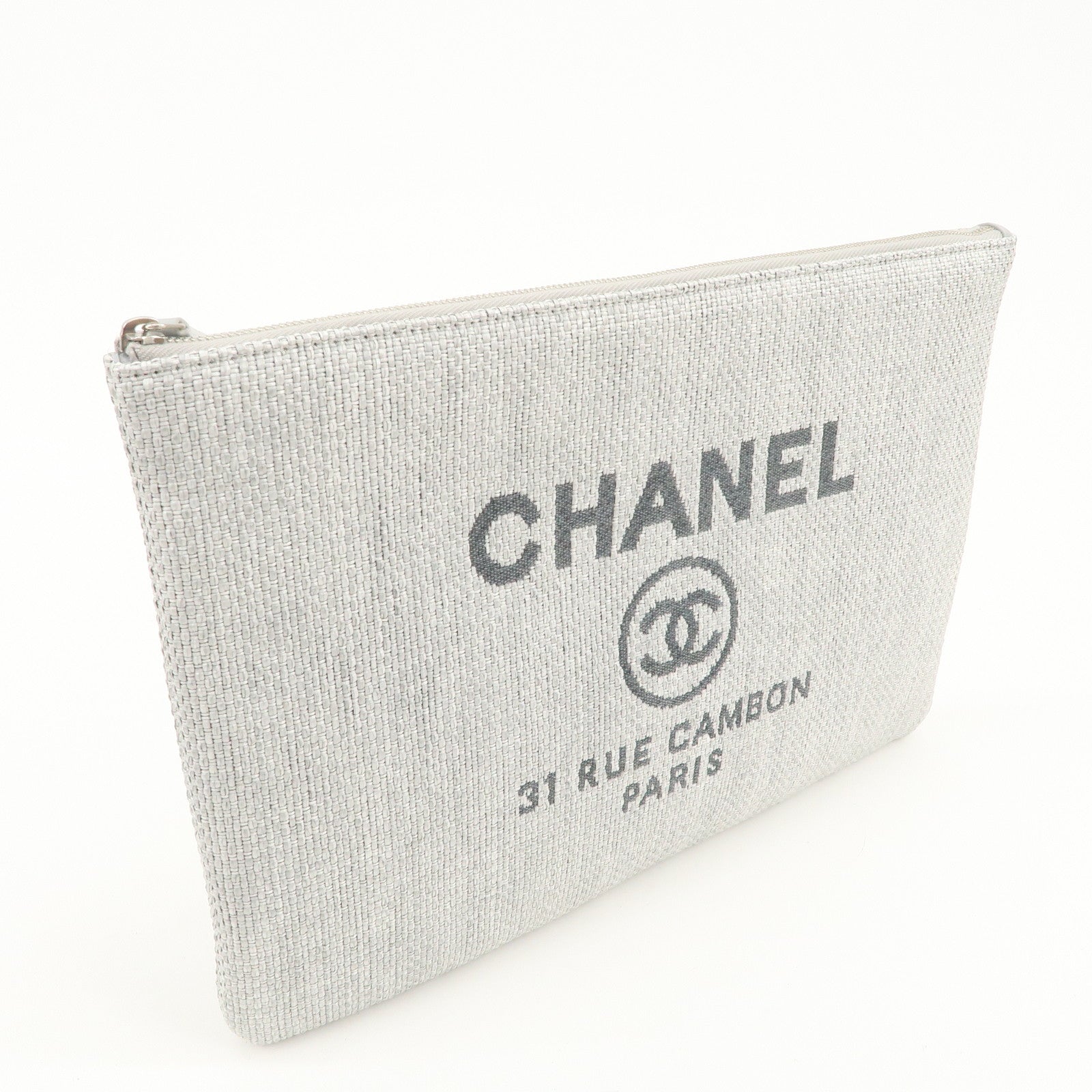 CHANEL Deauville Straw Clutch Bag Pouch Light Gray A80117
