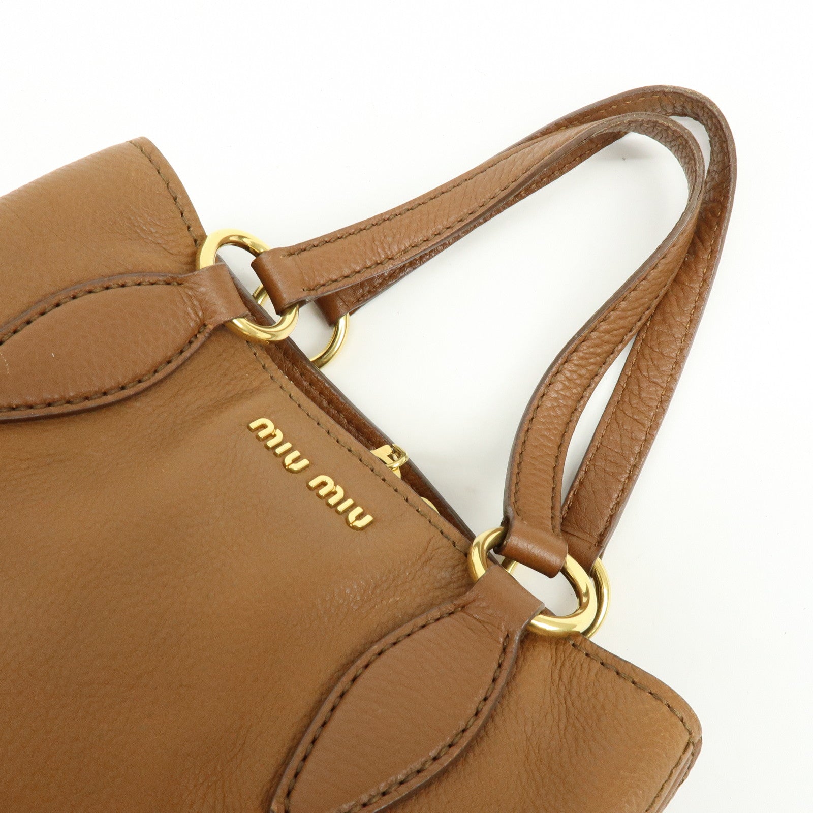 MIU MIU Leather Vitello Caribu 2Way Bag Hand Bag Brown RN0757