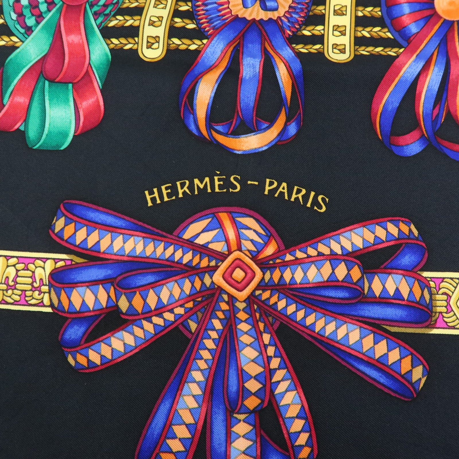 HERMES Carre 90 Silk 100% Scarf LES RUBANS DU CHEVAL Black