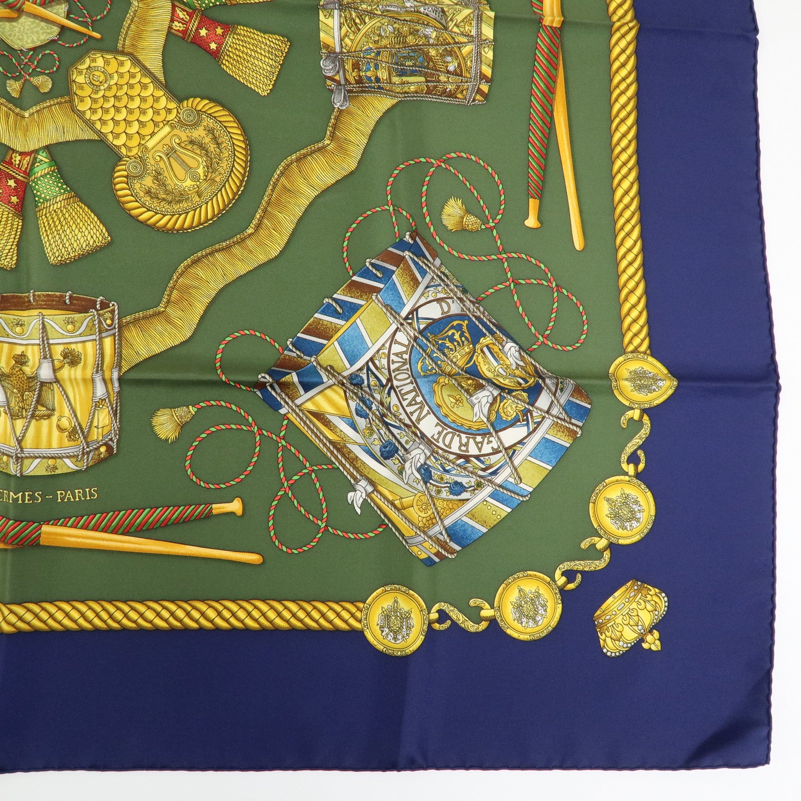 HERMES Carre 90 Silk 100% Scarf LES TAMBOURS Khaki Navy Gold